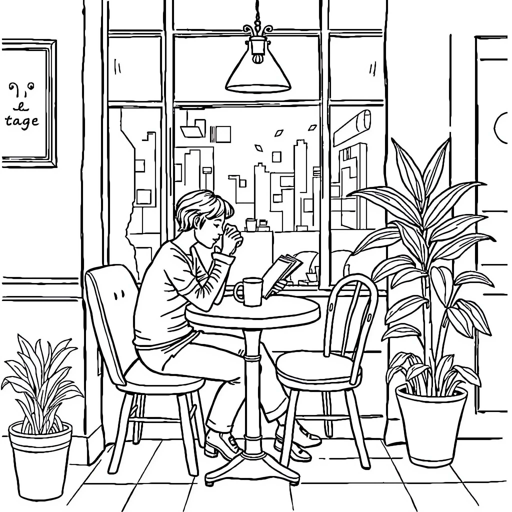 Person relaxing and reading in cozy indoor cafe Coloring Page (free black-and-white line drawing printable PDF for all, from beginners to advanced learners, including children, teens, adults, and seniors)
