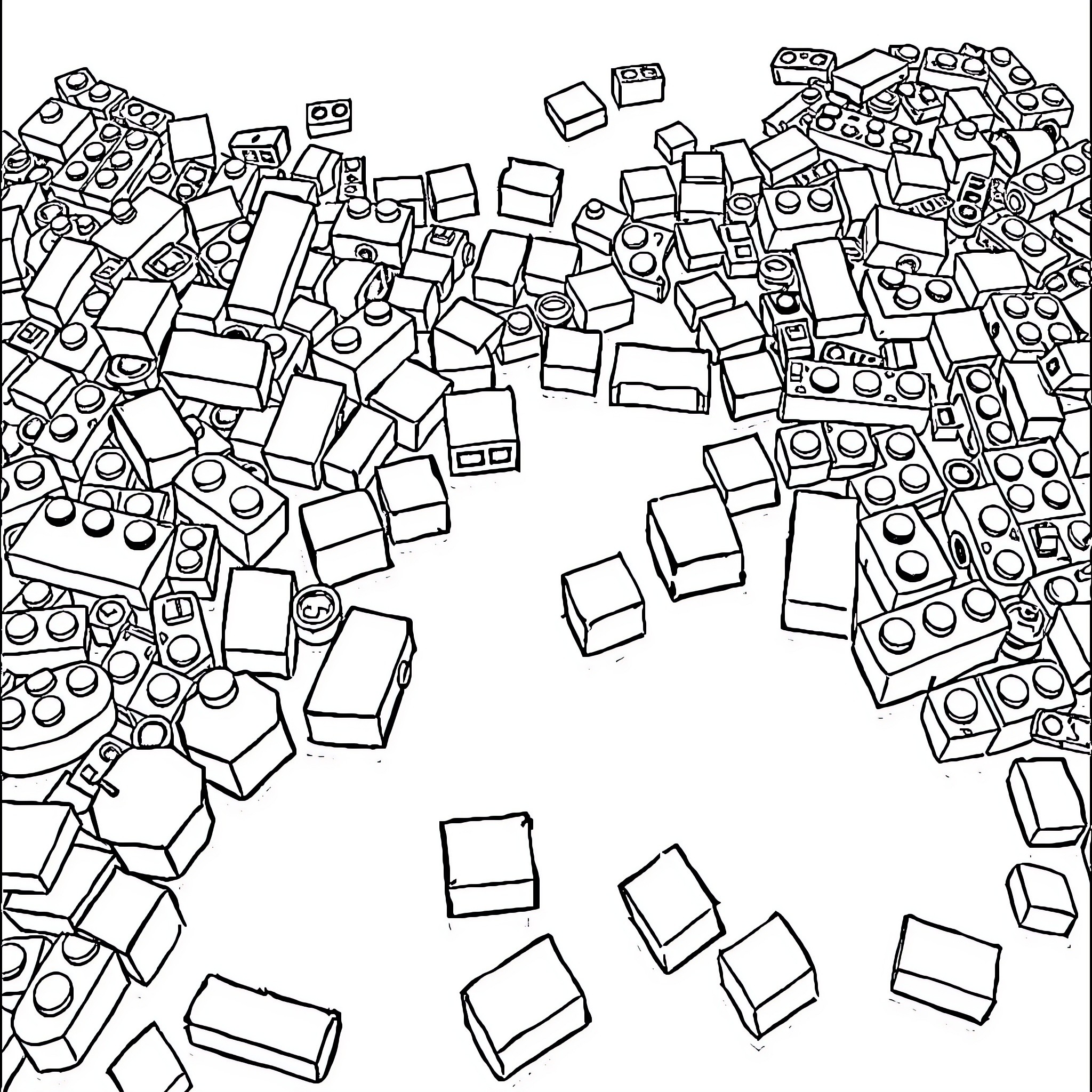 Lego Bricks in Chaos and Order Coloring Page (free black-and-white line drawing printable PDF for all, from beginners to advanced learners, including children, teens, adults, and seniors)