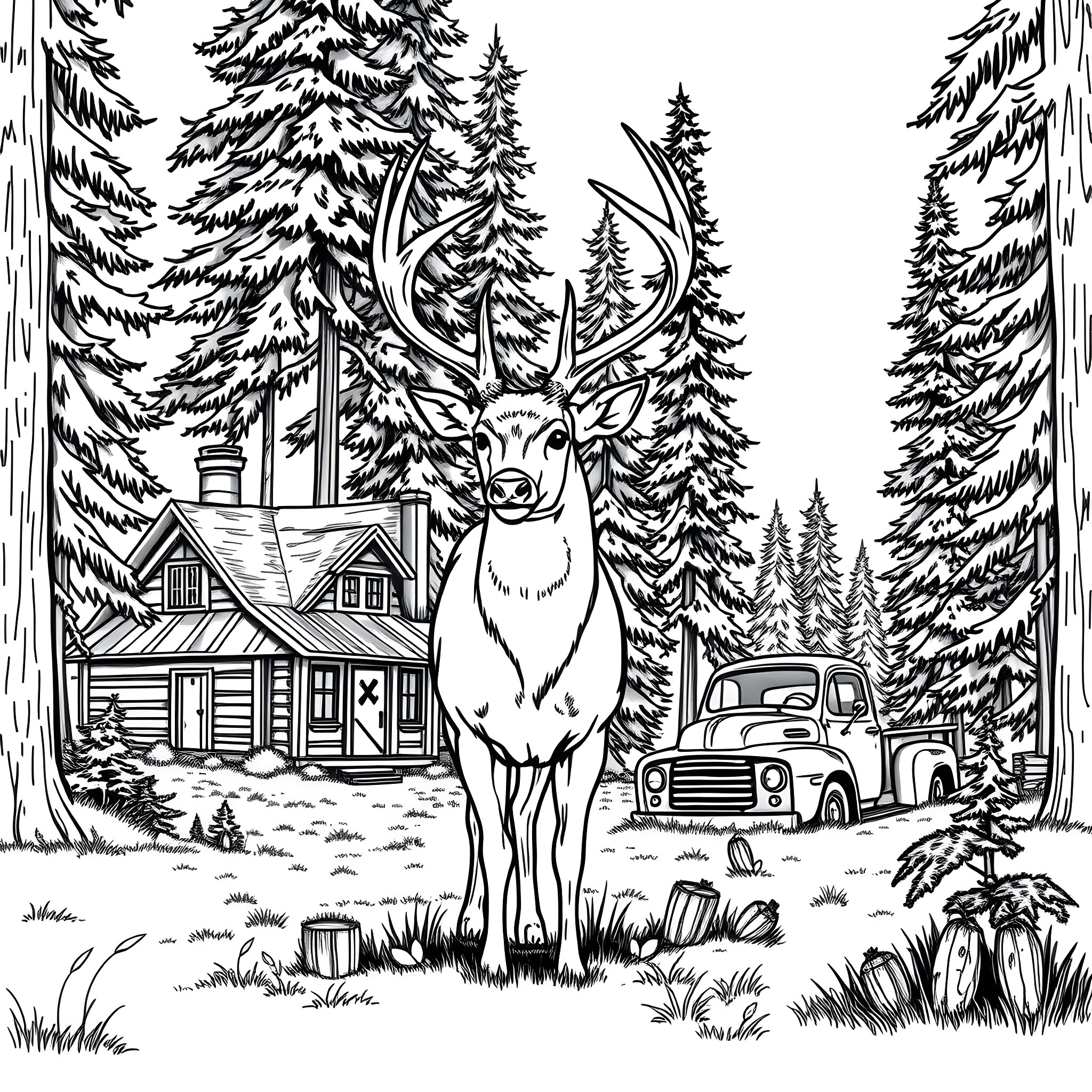 Deer standing majestically in the forest Coloring Page (free black-and-white line drawing printable PDF for all, from beginners to advanced learners, including children, teens, adults, and seniors)