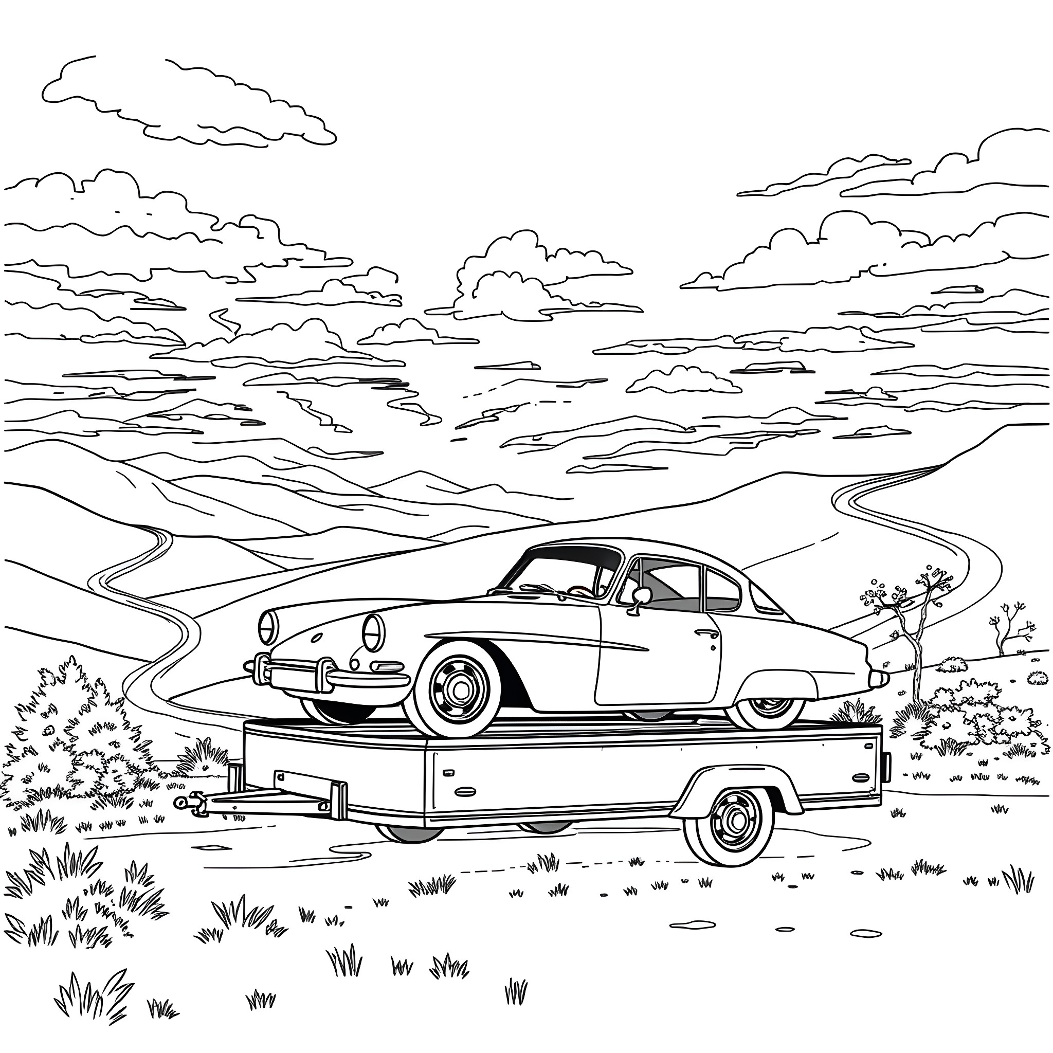 Car being transported on a trailer through a scenic landscape Coloring Page (free black-and-white line drawing printable PDF for all, from beginners to advanced learners, including children, teens, adults, and seniors)