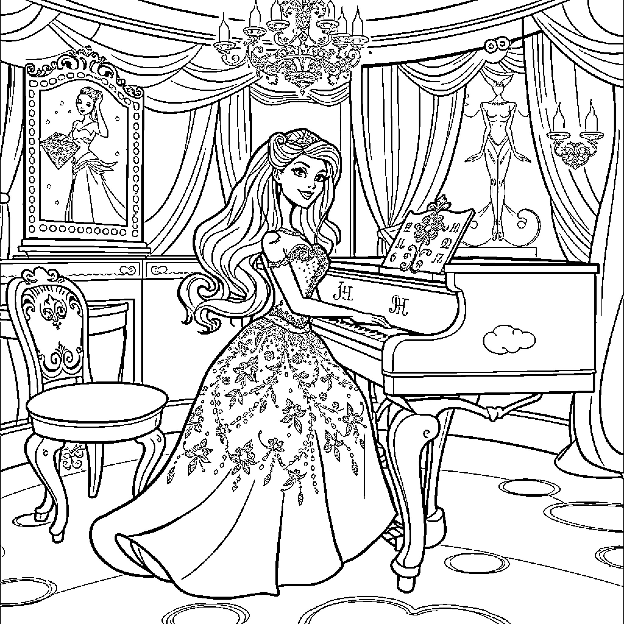 Barbie's Elegant Piano Performance Coloring Page (free black-and-white line drawing printable PDF for all, from beginners to advanced learners, including children, teens, adults, and seniors)