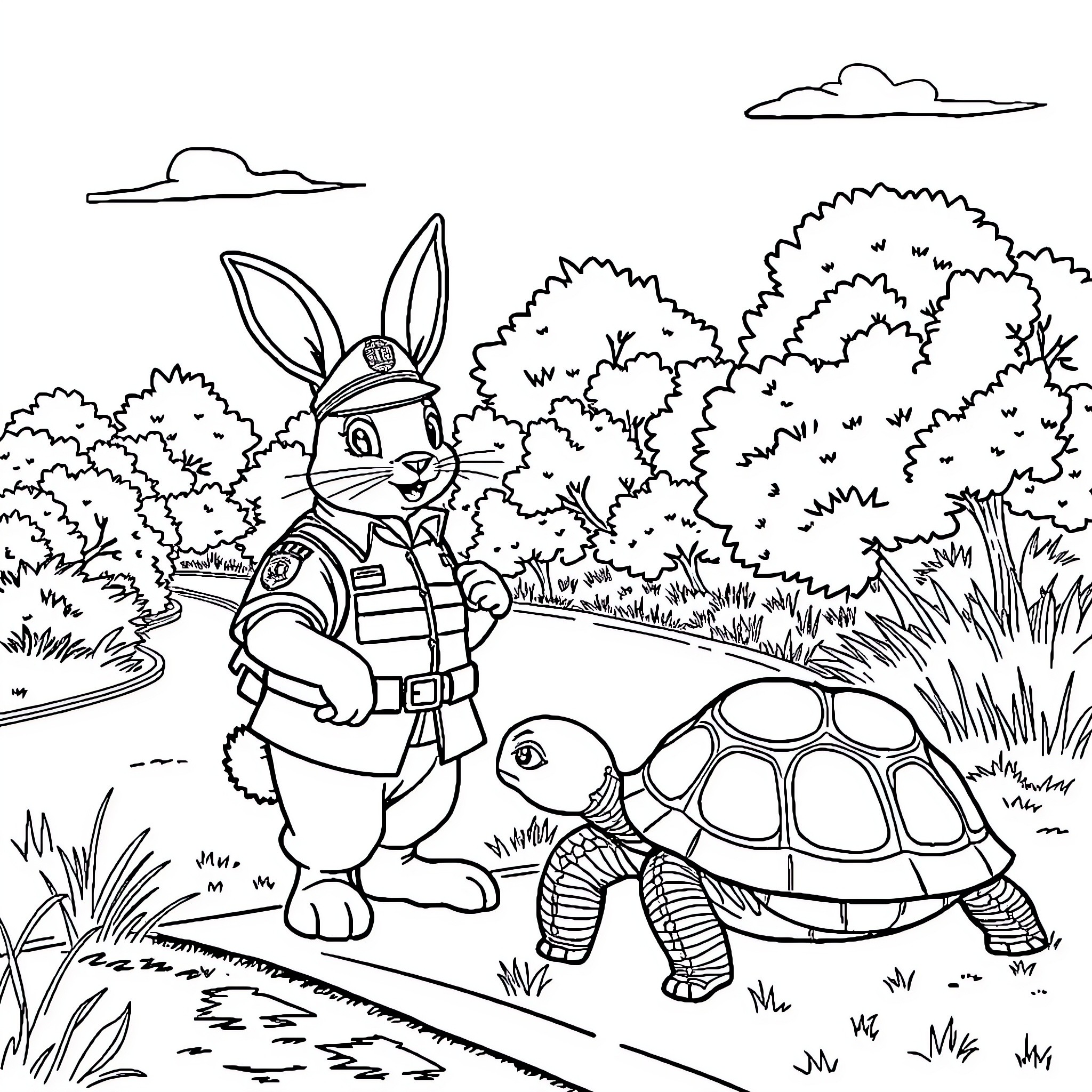 Rabbit and Turtle Exploring the Forest Coloring Page (free black-and-white line drawing printable PDF for all, from beginners to advanced learners, including children, teens, adults, and seniors)