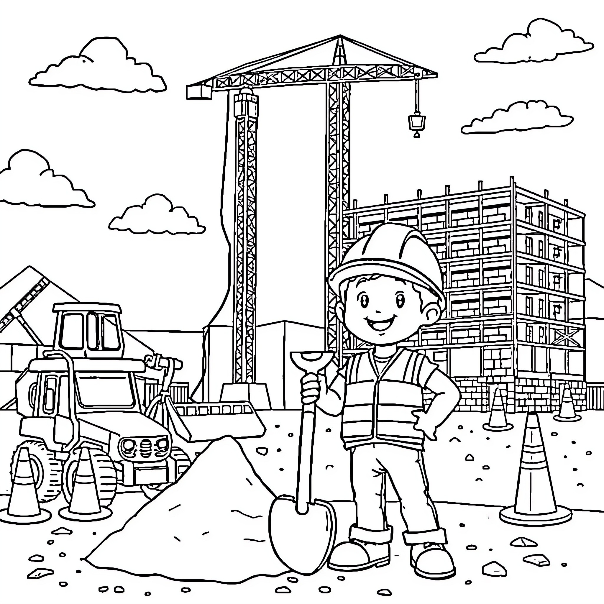 Construction Worker Operating Machinery at Construction Site Coloring Page (free black-and-white line drawing printable PDF for all, from beginners to advanced learners, including children, teens, adults, and seniors)