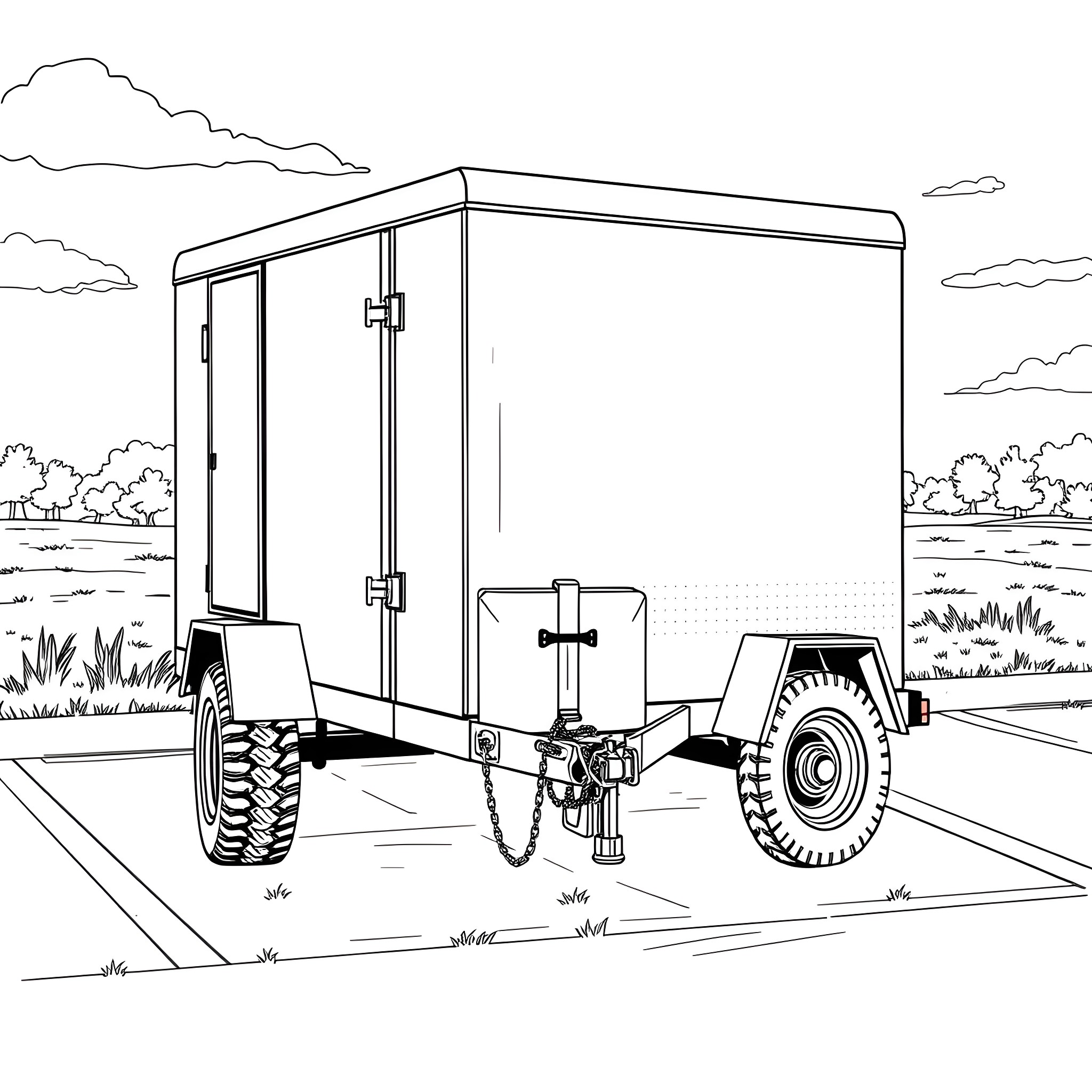 Car Trailer with Enclosed Trailer on Rural Road Coloring Page (free black-and-white line drawing printable PDF for all, from beginners to advanced learners, including children, teens, adults, and seniors)