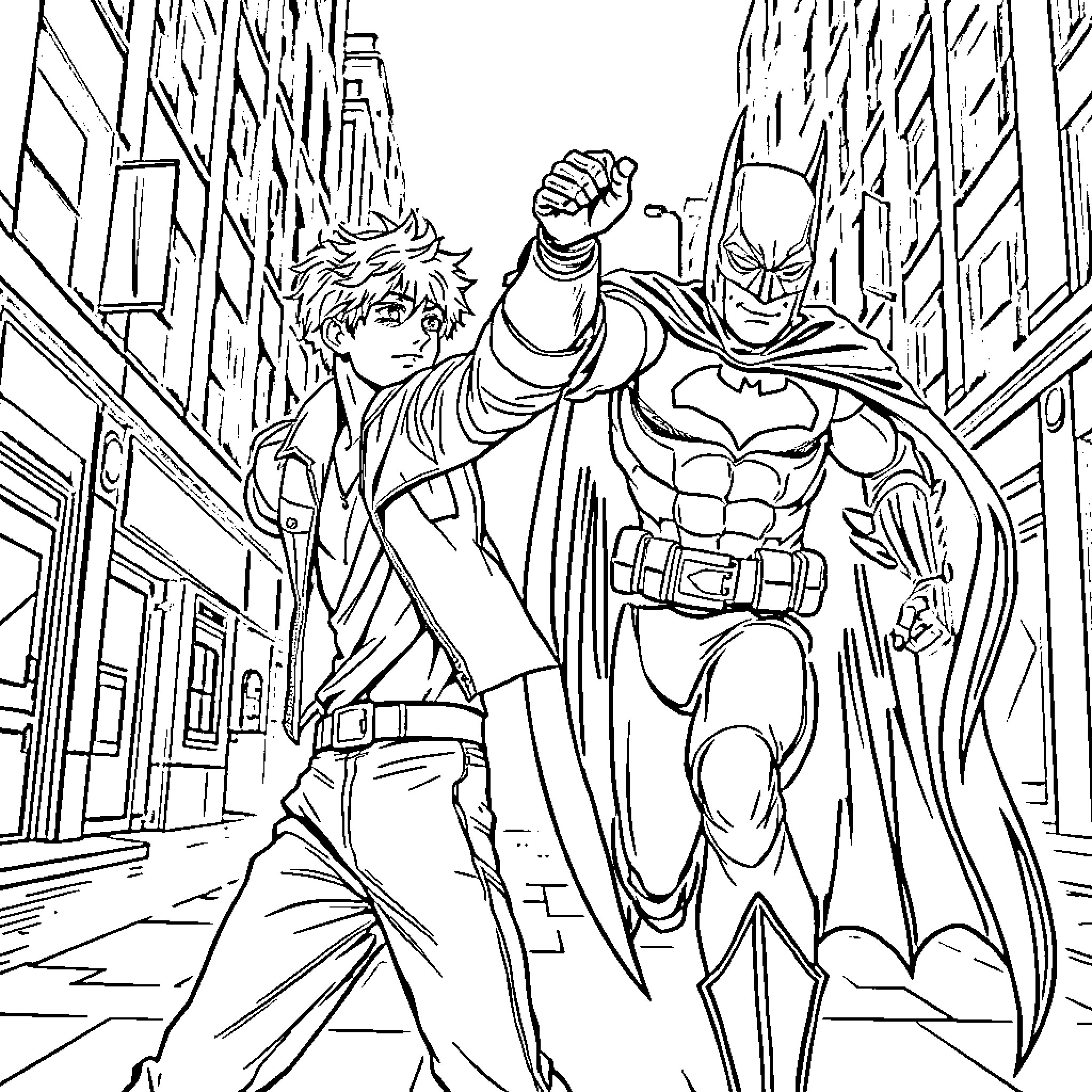 Juni's Superhero Adventure in the City Coloring Page (free black-and-white line drawing printable PDF for all, from beginners to advanced learners, including children, teens, adults, and seniors)