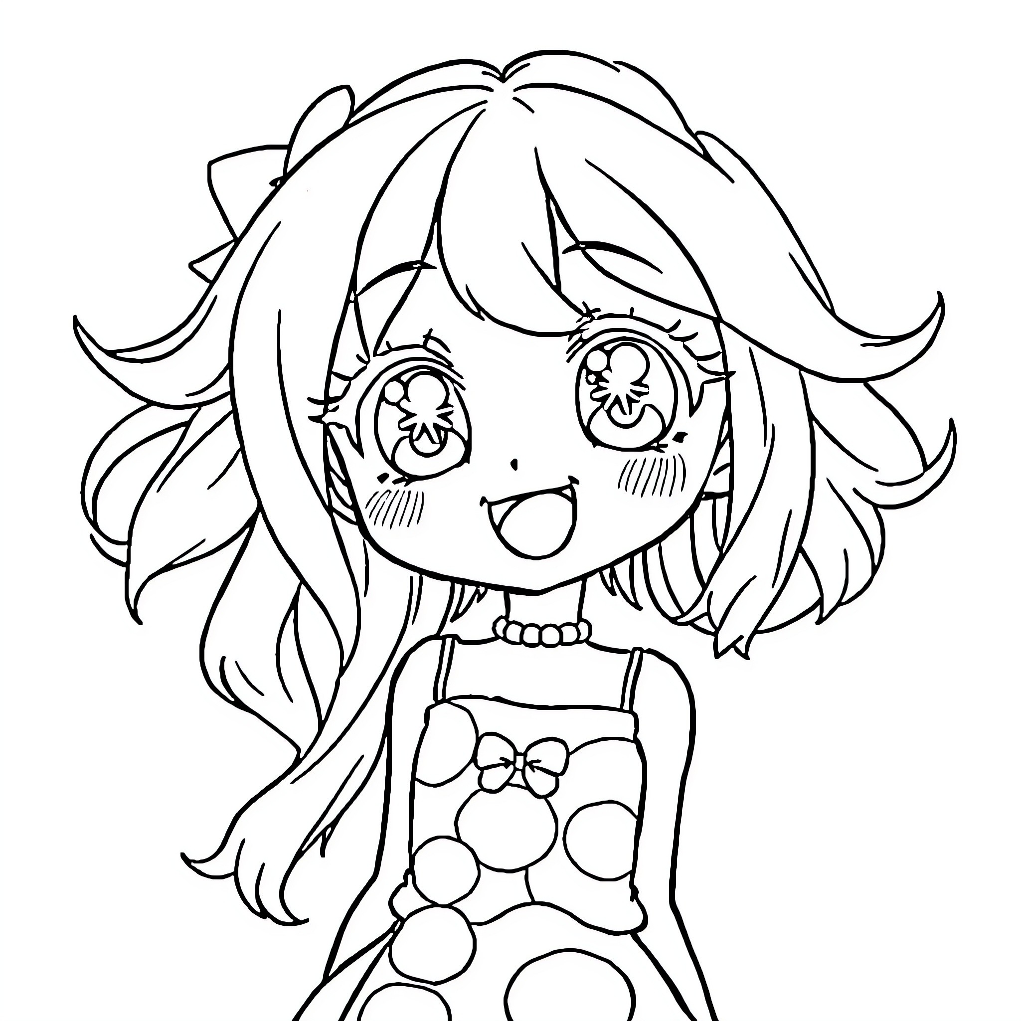 Anime Girl in Cheerful Expression Coloring Page (free black-and-white line drawing printable PDF for all, from beginners to advanced learners, including children, teens, adults, and seniors)