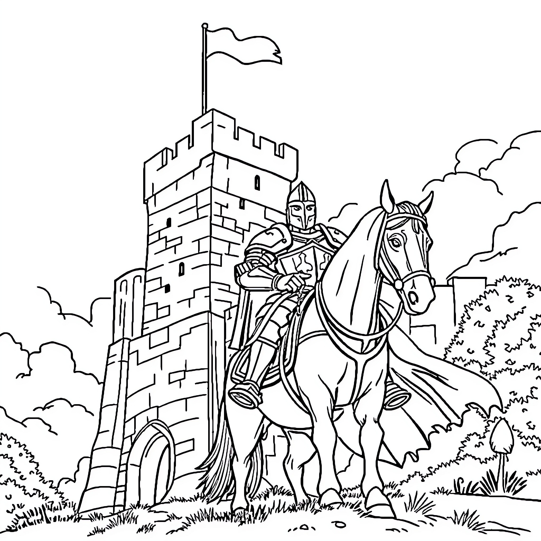 Knight on Horseback Guarding Fortified Castle Coloring Page (free black-and-white line drawing printable PDF for all, from beginners to advanced learners, including children, teens, adults, and seniors)