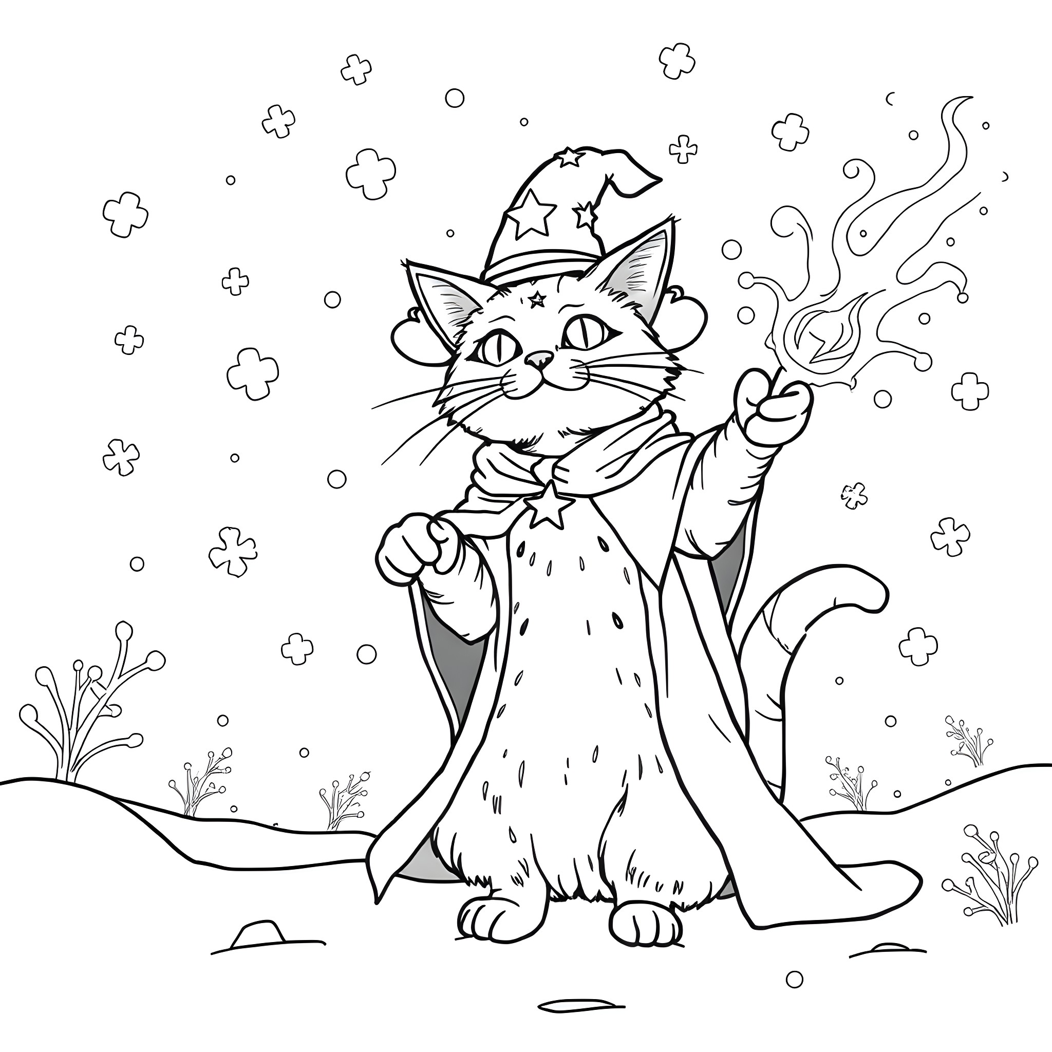 Wizard Cat Casting a Magical Spell Coloring Page (free black-and-white line drawing printable PDF for all, from beginners to advanced learners, including children, teens, adults, and seniors)