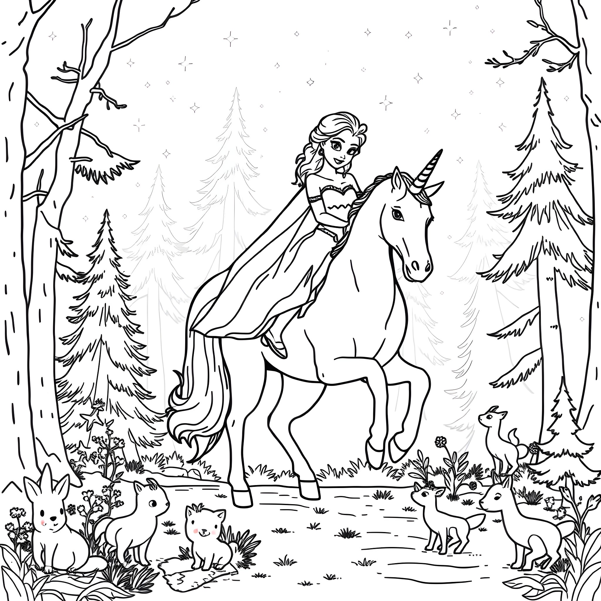 Elsa's Winter Wonderland Adventure with Unicorn Coloring Page (free black-and-white line drawing printable PDF for all, from beginners to advanced learners, including children, teens, adults, and seniors)