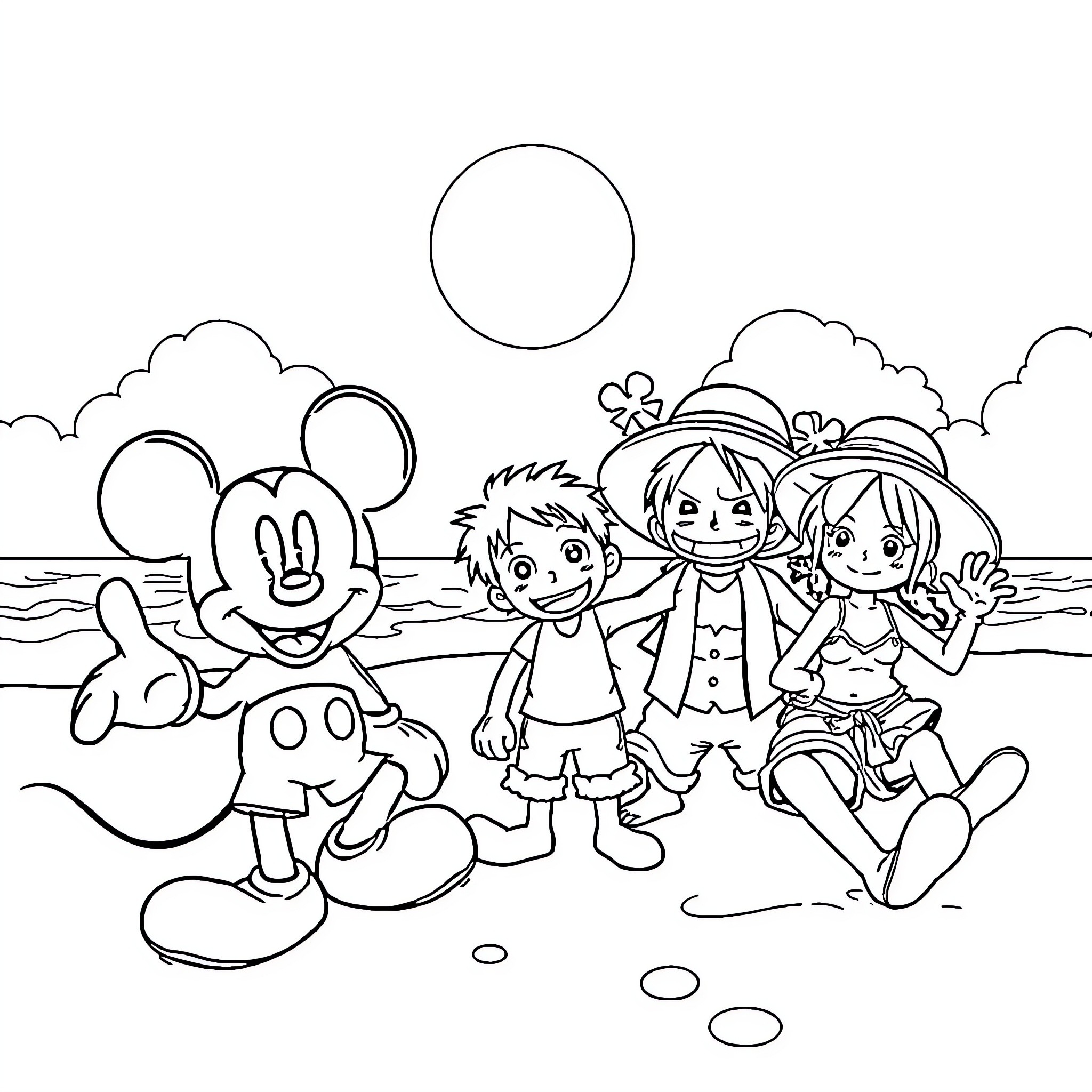 Mickey and friends playing on the beach Coloring Page (free black-and-white line drawing printable PDF for all, from beginners to advanced learners, including children, teens, adults, and seniors)