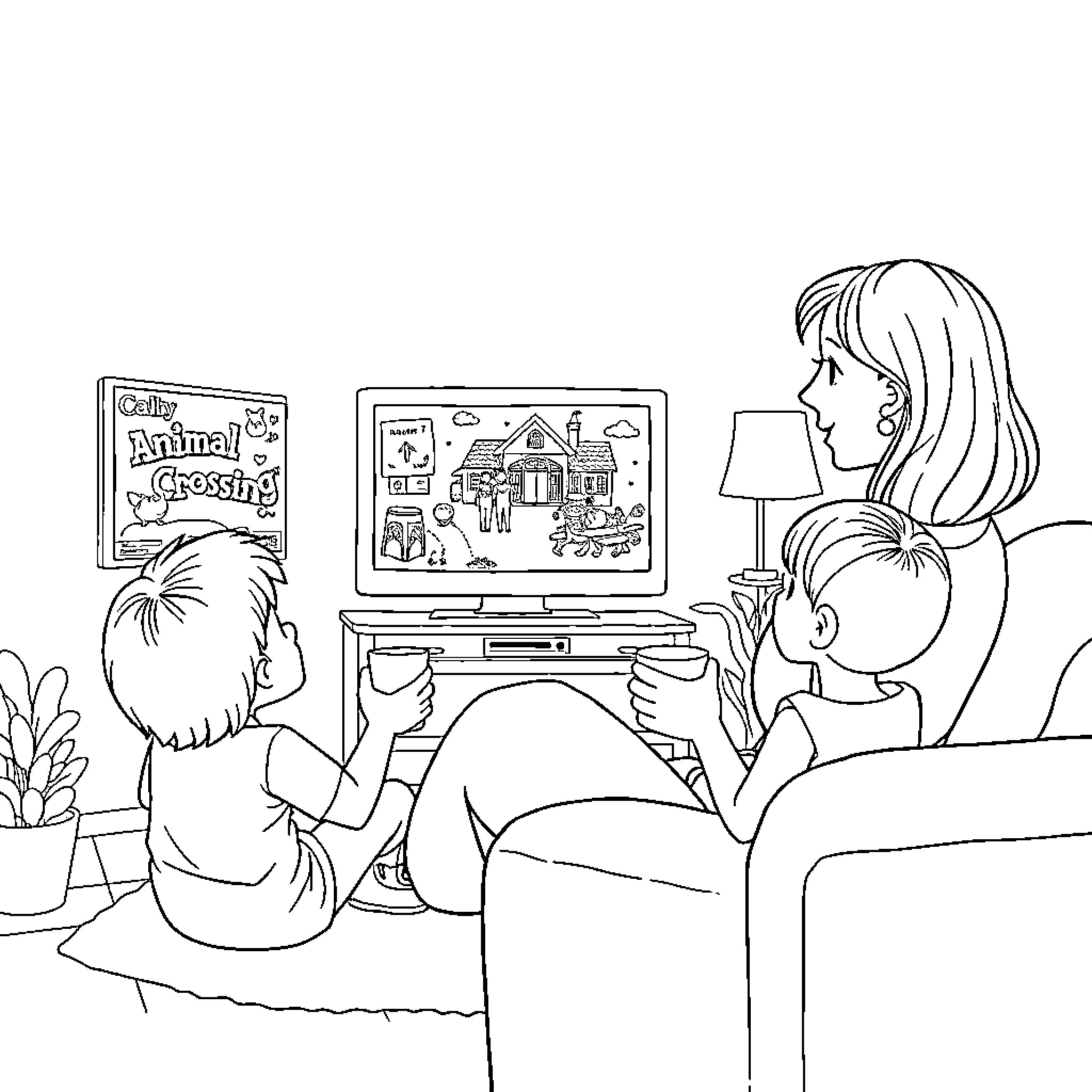 Mother and Children Enjoying Video Game Together Coloring Page (free black-and-white line drawing printable PDF for all, from beginners to advanced learners, including children, teens, adults, and seniors)