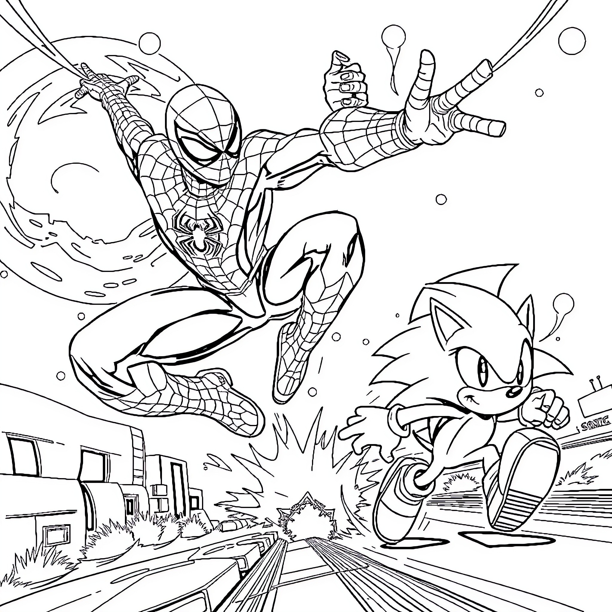 Spiderman swinging into action with Sonic the Hedgehog Coloring Page (free black-and-white line drawing printable PDF for all, from beginners to advanced learners, including children, teens, adults, and seniors)