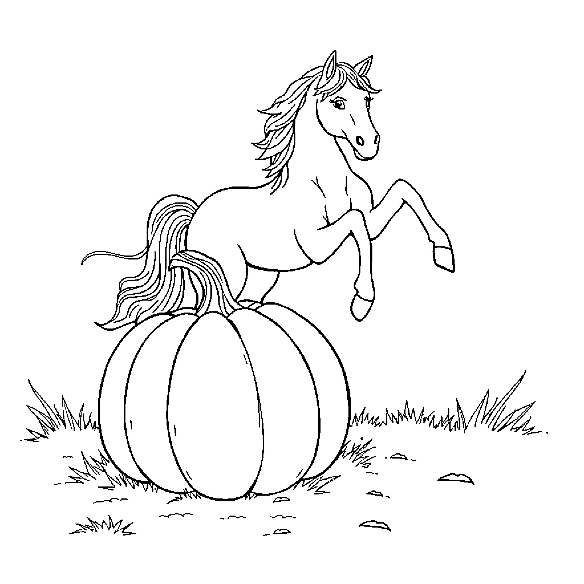 Pumpkin and playful horse on autumn field Coloring Page (free black-and-white line drawing printable PDF for all, from beginners to advanced learners, including children, teens, adults, and seniors)