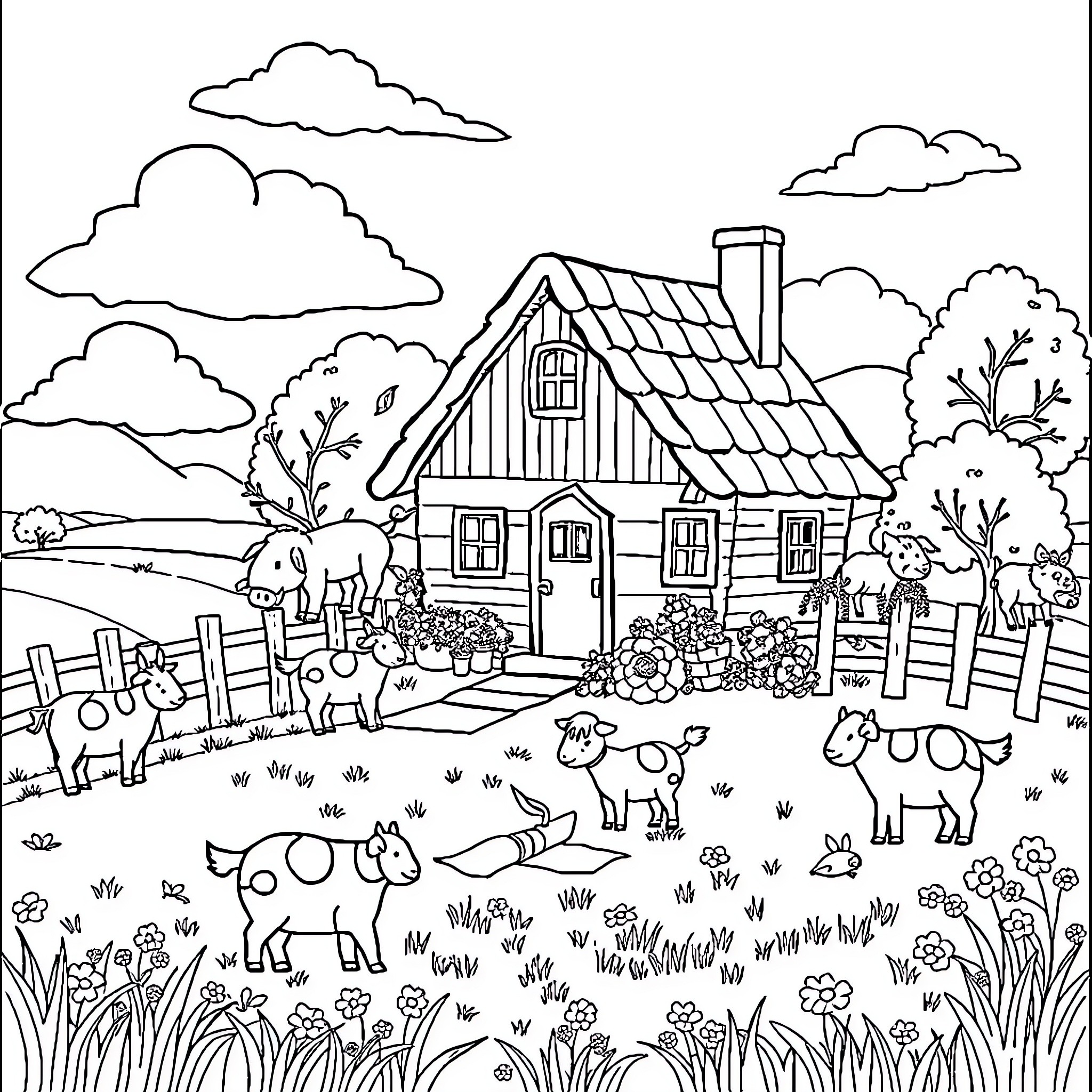 Farm Animal Scenes at the Countryside Cottage Coloring Page (free black-and-white line drawing printable PDF for all, from beginners to advanced learners, including children, teens, adults, and seniors)