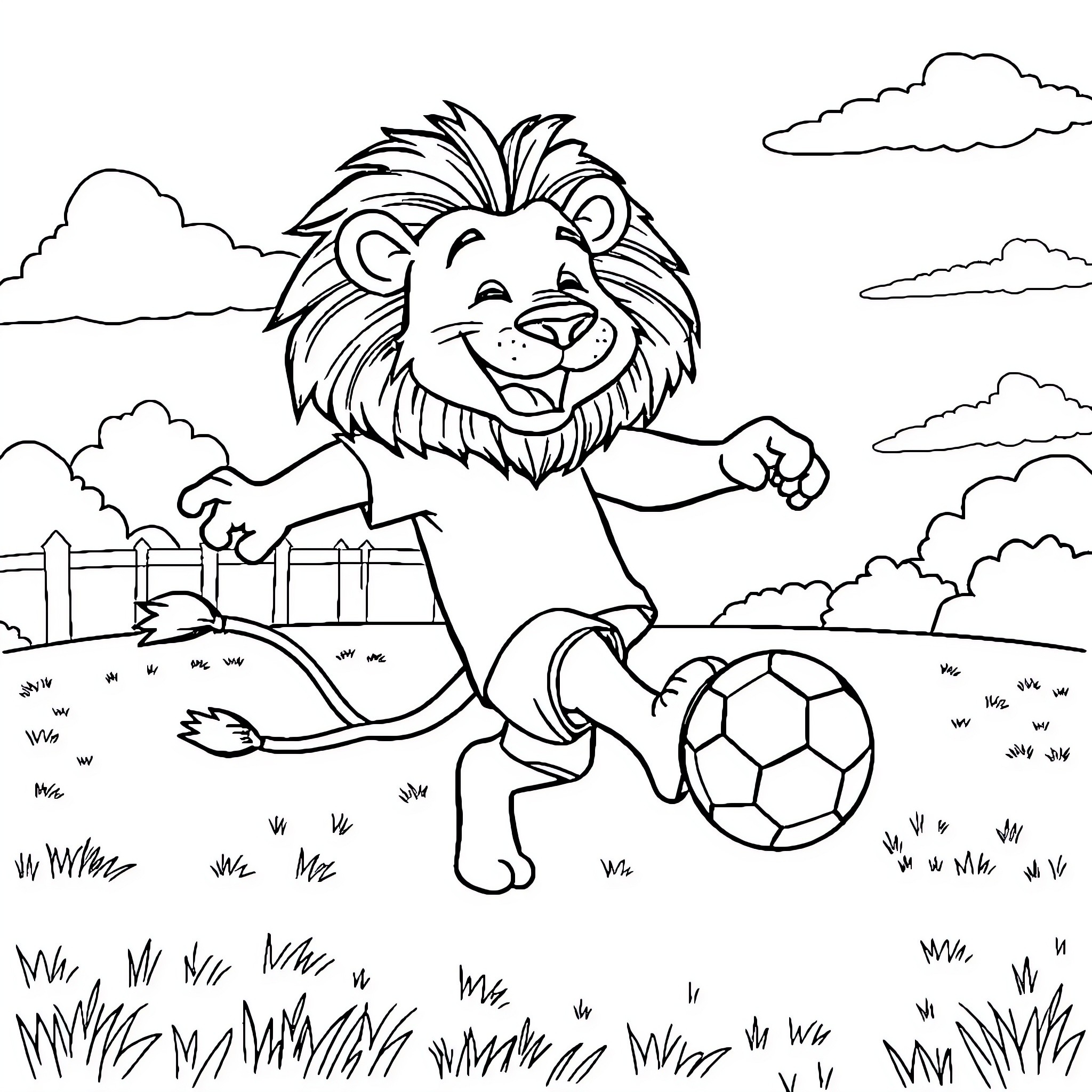 Lion playing joyfully with soccer ball outdoors Coloring Page (free black-and-white line drawing printable PDF for all, from beginners to advanced learners, including children, teens, adults, and seniors)