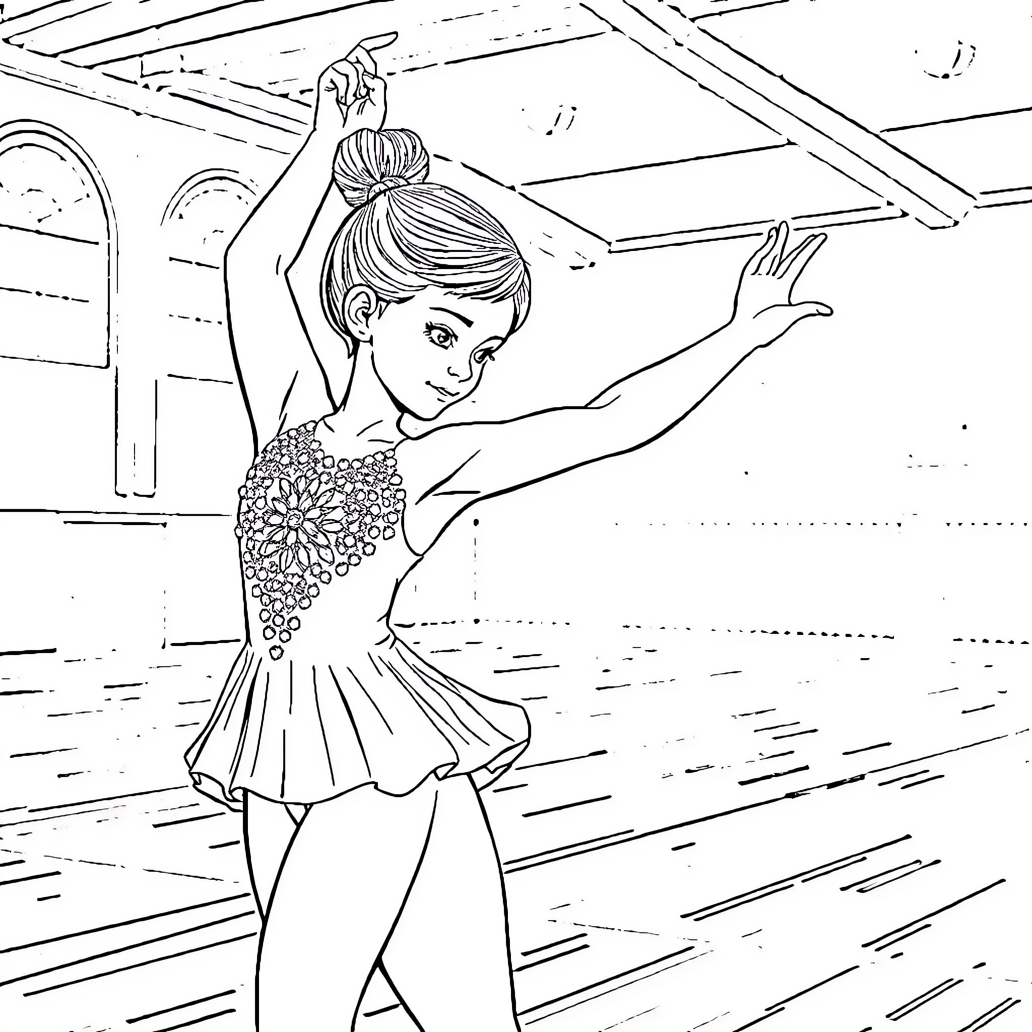 Fille performing graceful dance in stage Coloring Page (free black-and-white line drawing printable PDF for all, from beginners to advanced learners, including children, teens, adults, and seniors)