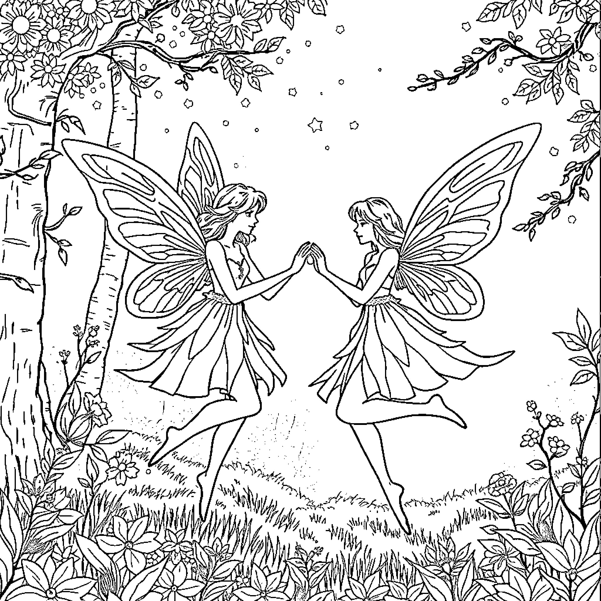 Fairy friends dancing joyfully in the enchanted forest Coloring Page (free black-and-white line drawing printable PDF for all, from beginners to advanced learners, including children, teens, adults, and seniors)