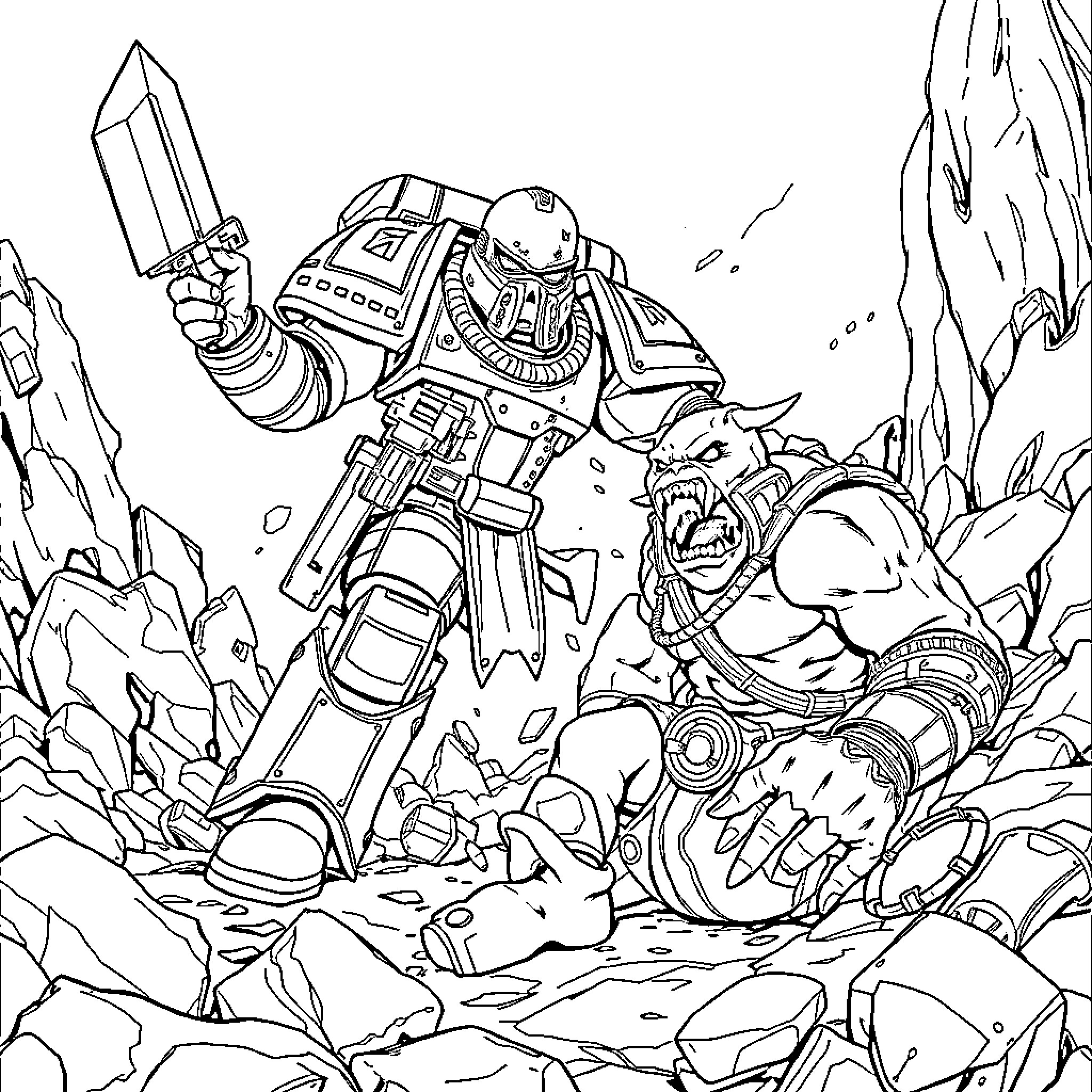 Space Marine in Battle Gear Wielding Futuristic Weapons Coloring Page (free black-and-white line drawing printable PDF for all, from beginners to advanced learners, including children, teens, adults, and seniors)