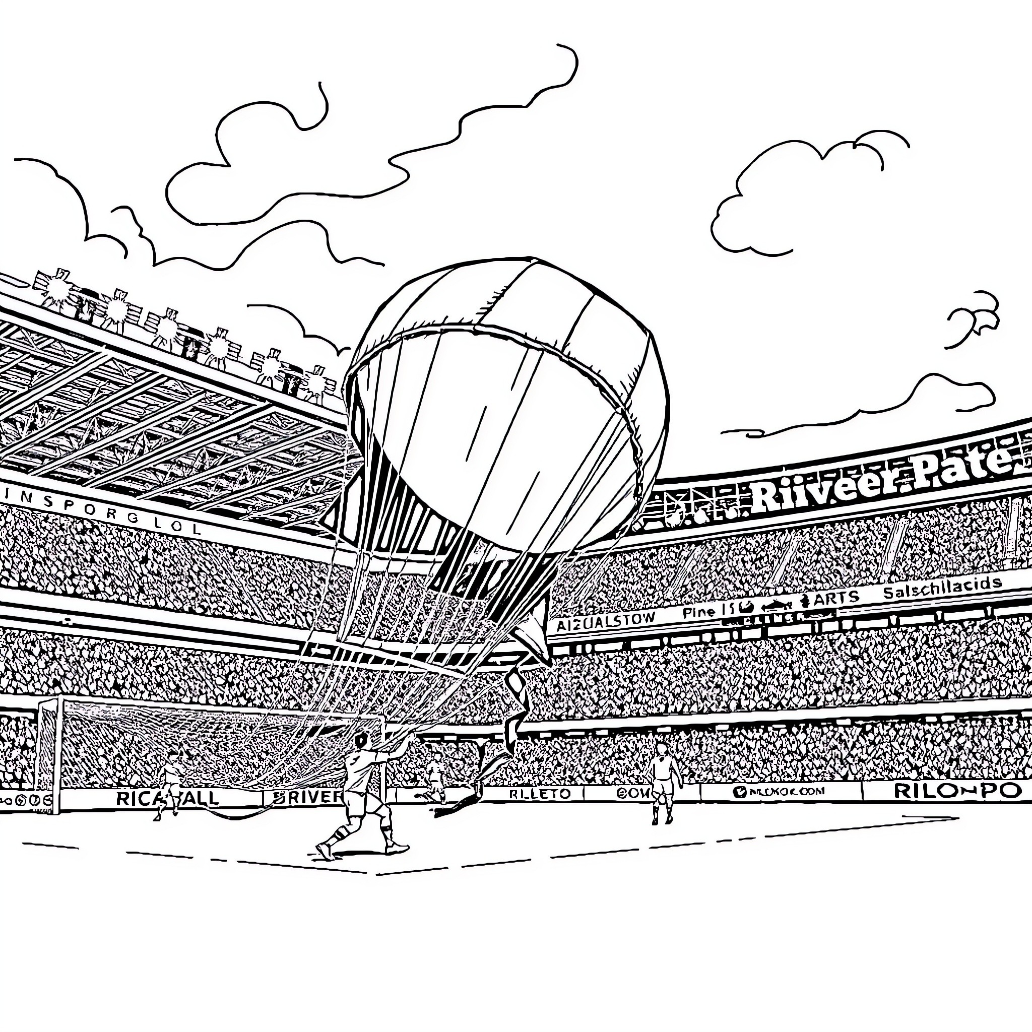 Airbag inflating at crowded sports stadium Coloring Page (free black-and-white line drawing printable PDF for all, from beginners to advanced learners, including children, teens, adults, and seniors)
