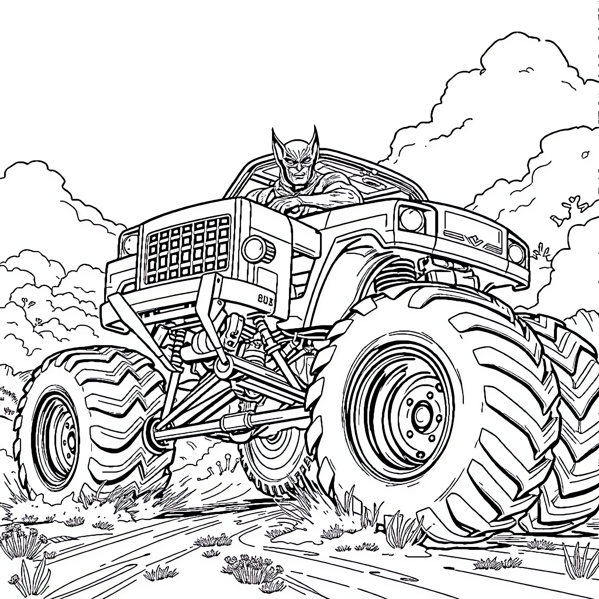 Wolverine's Monstrous Truck Adventure Coloring Page (free black-and-white line drawing printable PDF for all, from beginners to advanced learners, including children, teens, adults, and seniors)