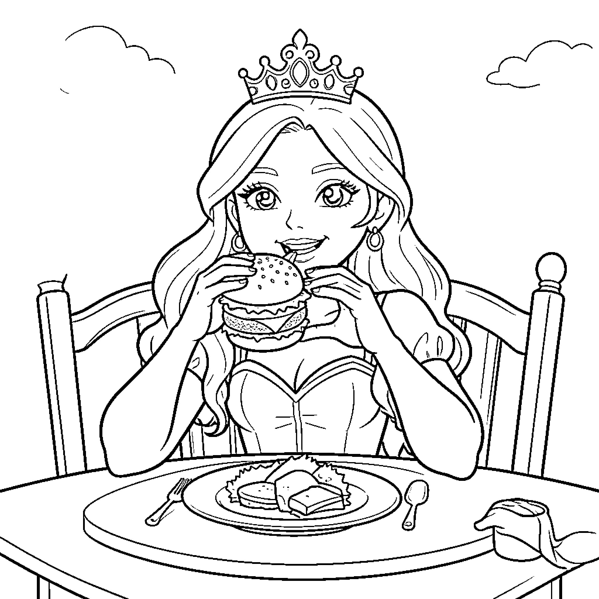 Princess enjoying a delicious burger at the table Coloring Page (free black-and-white line drawing printable PDF for all, from beginners to advanced learners, including children, teens, adults, and seniors)