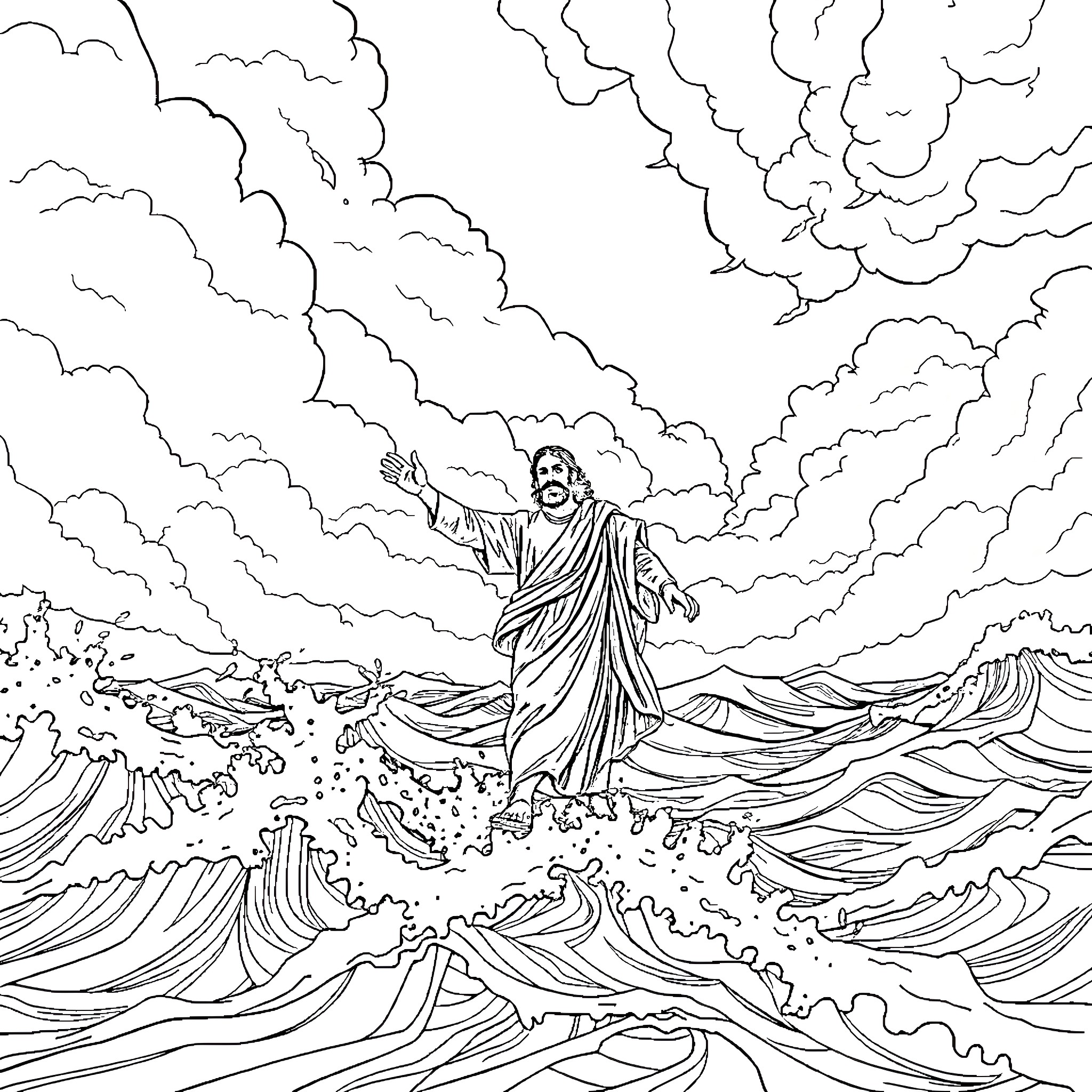 Peter Walks on the Stormy Seas Coloring Page (free black-and-white line drawing printable PDF for all, from beginners to advanced learners, including children, teens, adults, and seniors)