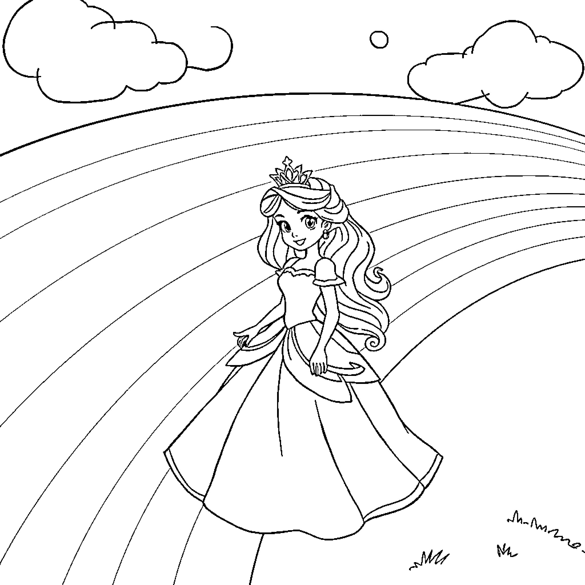 Princess Enjoying Nature's Beauty Coloring Page (free black-and-white line drawing printable PDF for all, from beginners to advanced learners, including children, teens, adults, and seniors)
