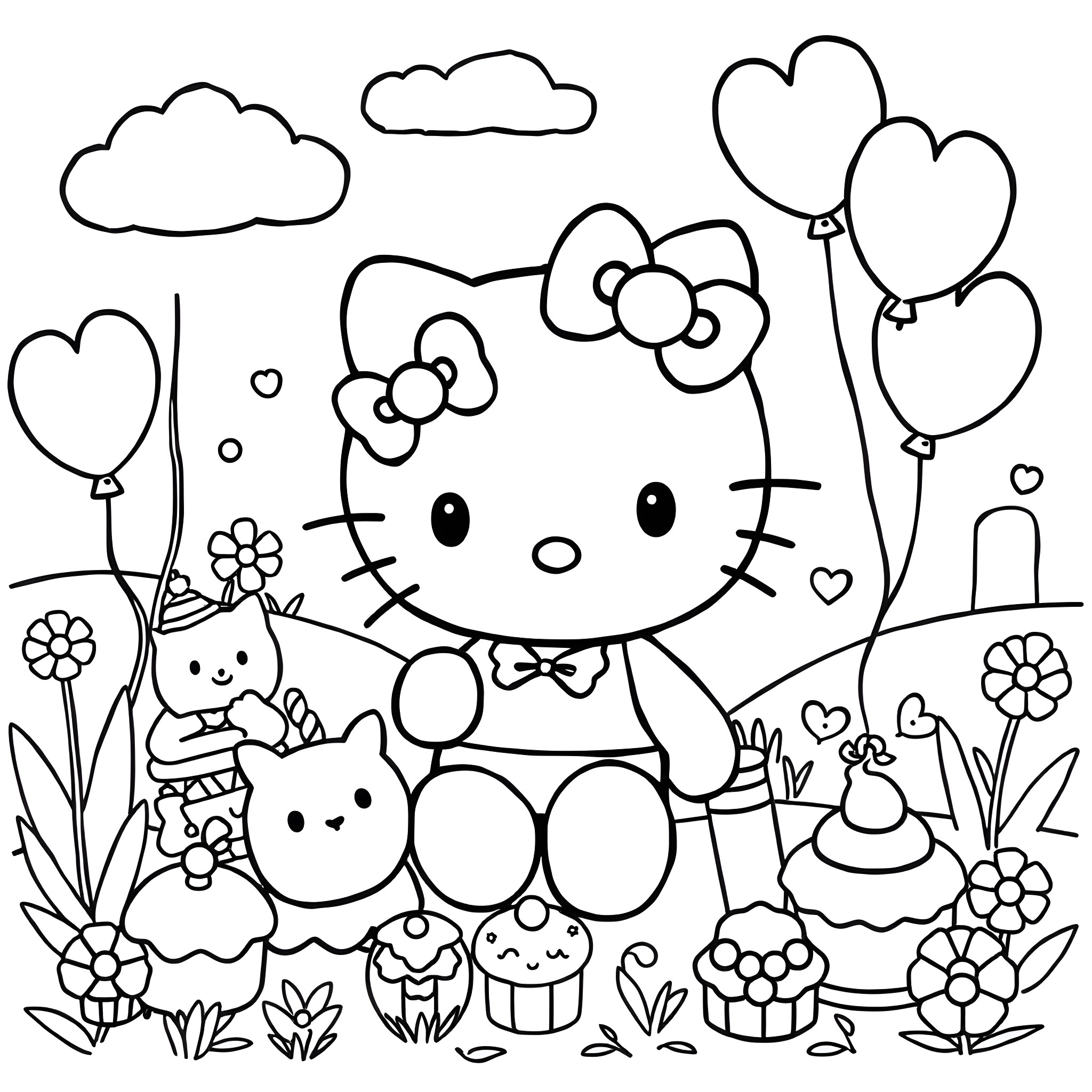 Hello Kitty and friends in a whimsical garden Coloring Page (free black-and-white line drawing printable PDF for all, from beginners to advanced learners, including children, teens, adults, and seniors)