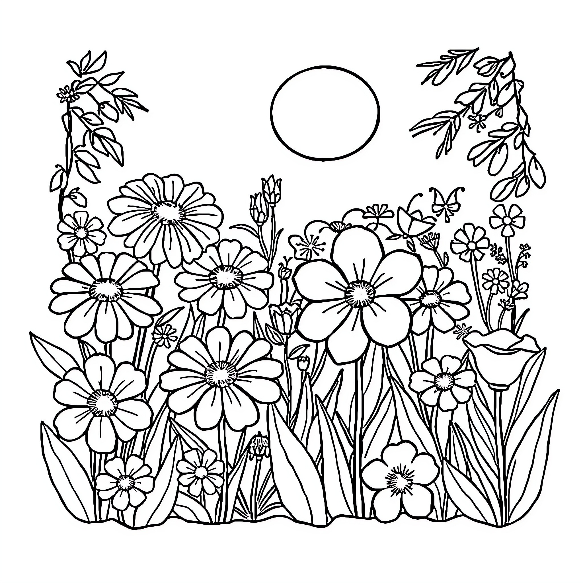 Flower garden with diverse blooms and moon Coloring Page (free black-and-white line drawing printable PDF for all, from beginners to advanced learners, including children, teens, adults, and seniors)