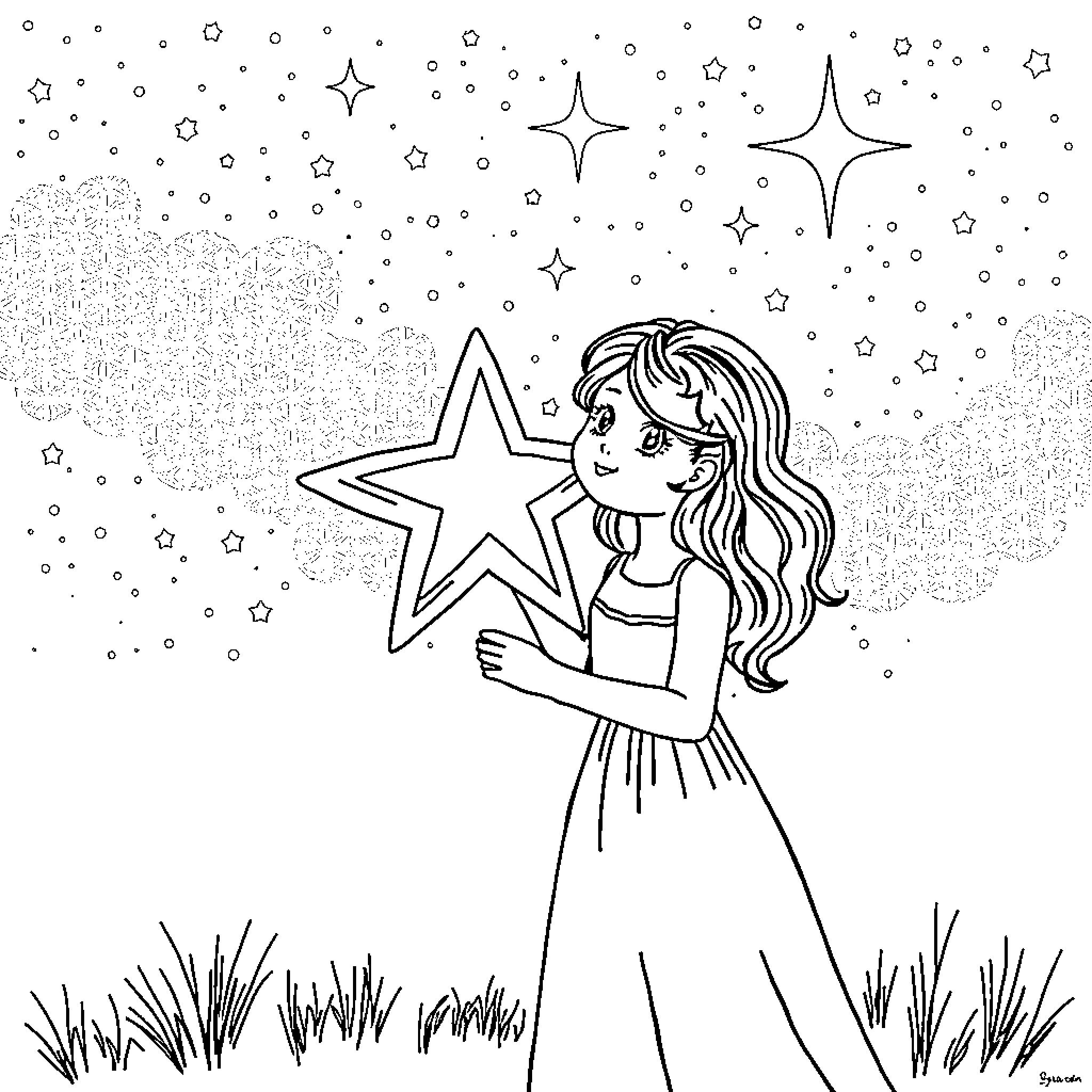 Star Girl Gazing at the Starry Night Sky Coloring Page (free black-and-white line drawing printable PDF for all, from beginners to advanced learners, including children, teens, adults, and seniors)