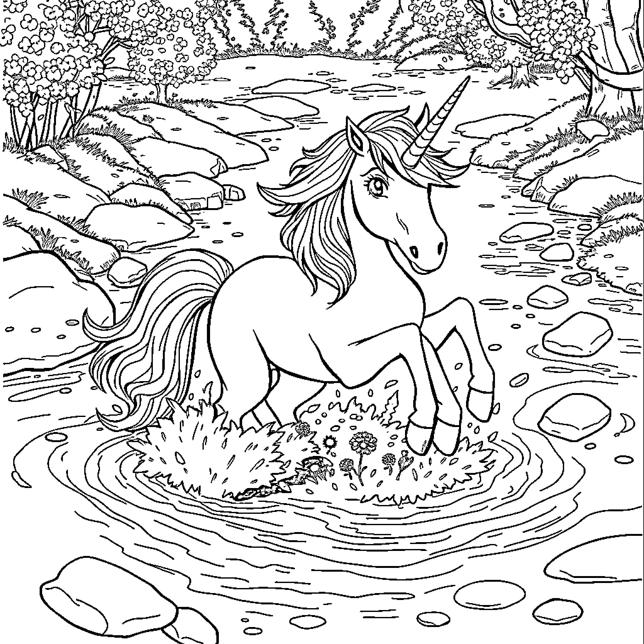 Unicorn frolicking in enchanted forest stream Coloring Page (free black-and-white line drawing printable PDF for all, from beginners to advanced learners, including children, teens, adults, and seniors)
