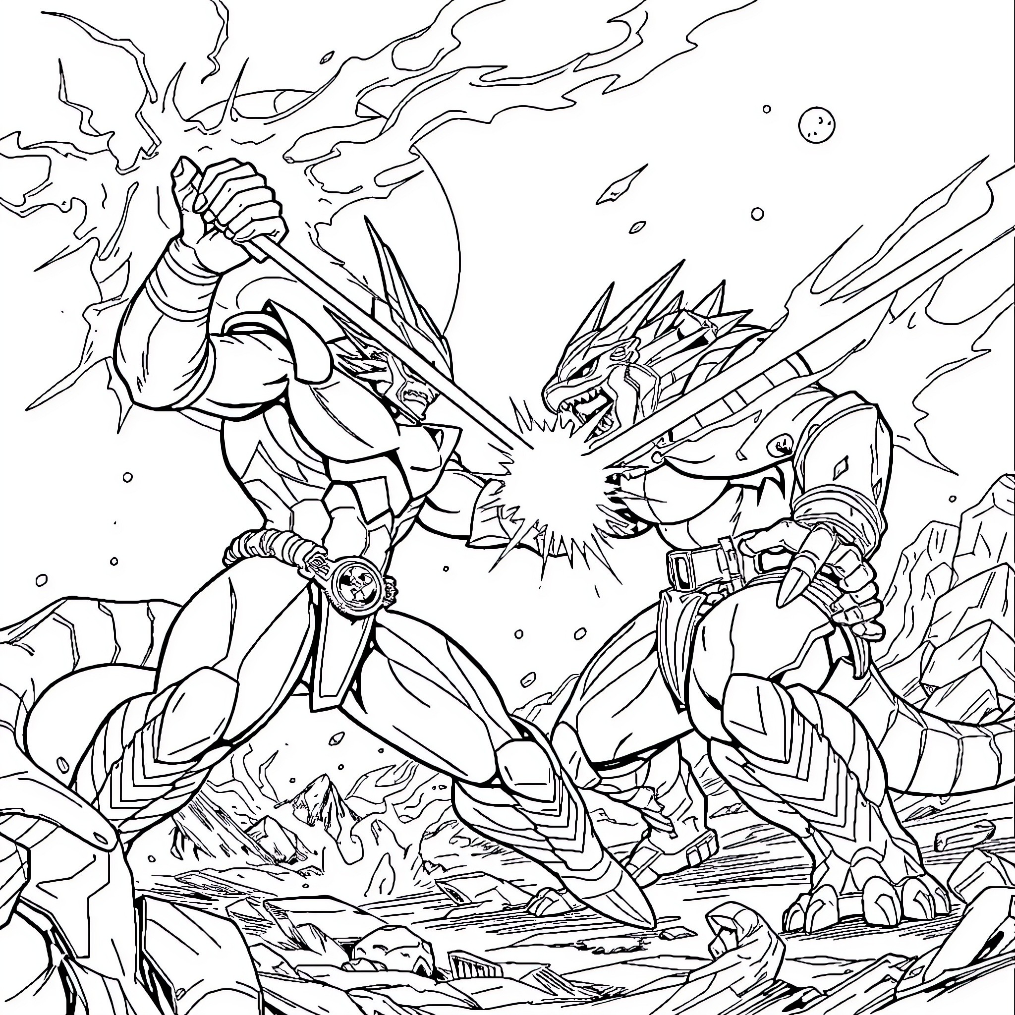 Cizayox Fierce Battle of Mythical Creatures Coloring Page (free black-and-white line drawing printable PDF for all, from beginners to advanced learners, including children, teens, adults, and seniors)