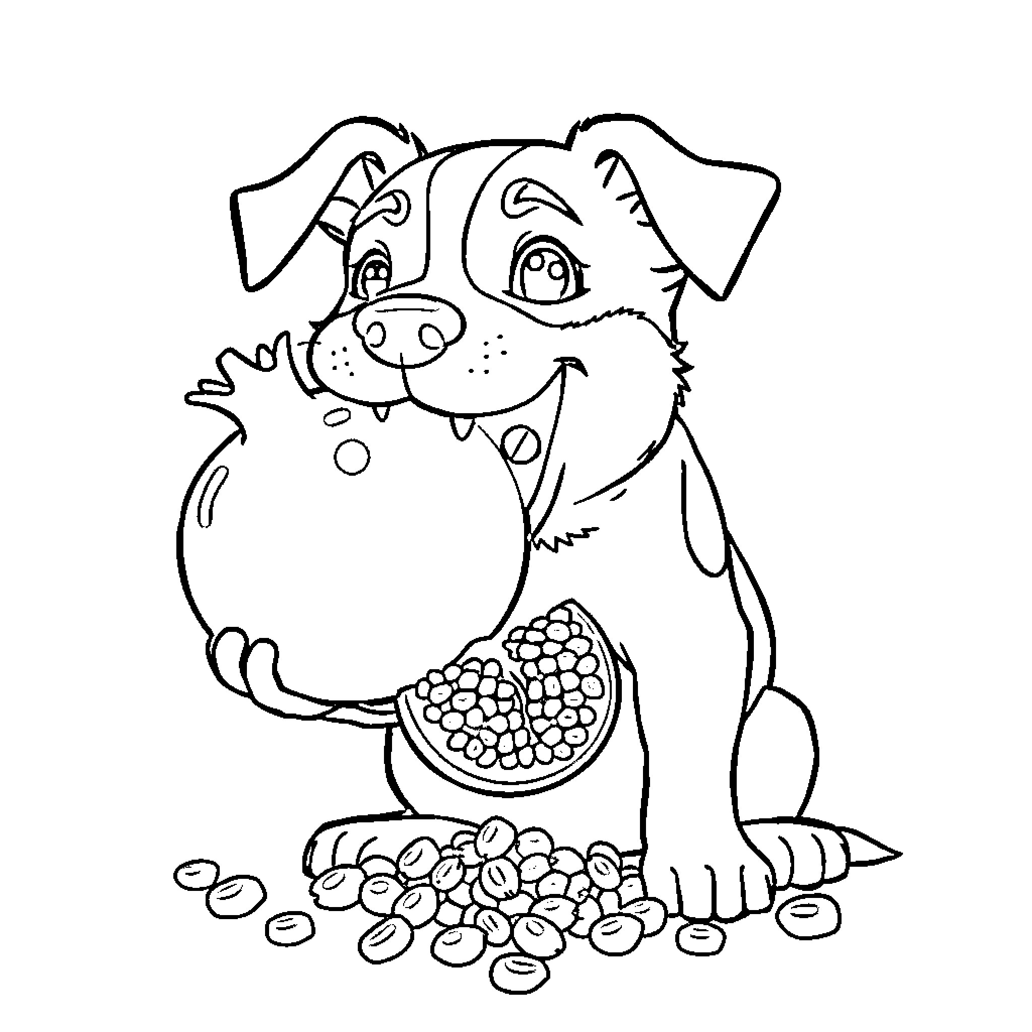 Bluey enjoying a pomegranate snack Coloring Page (free black-and-white line drawing printable PDF for all, from beginners to advanced learners, including children, teens, adults, and seniors)