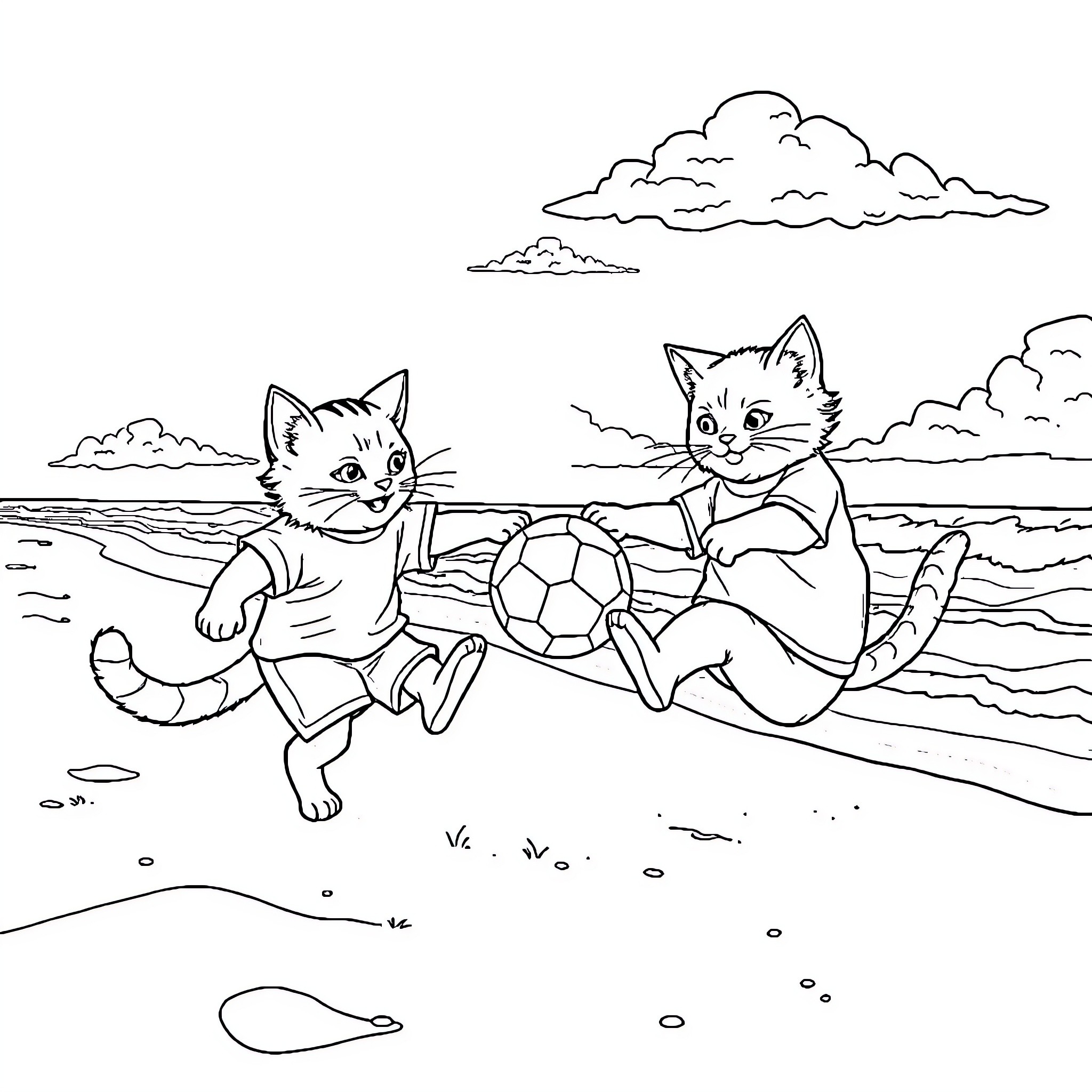 Cats playing soccer on the beach Coloring Page (free black-and-white line drawing printable PDF for all, from beginners to advanced learners, including children, teens, adults, and seniors)