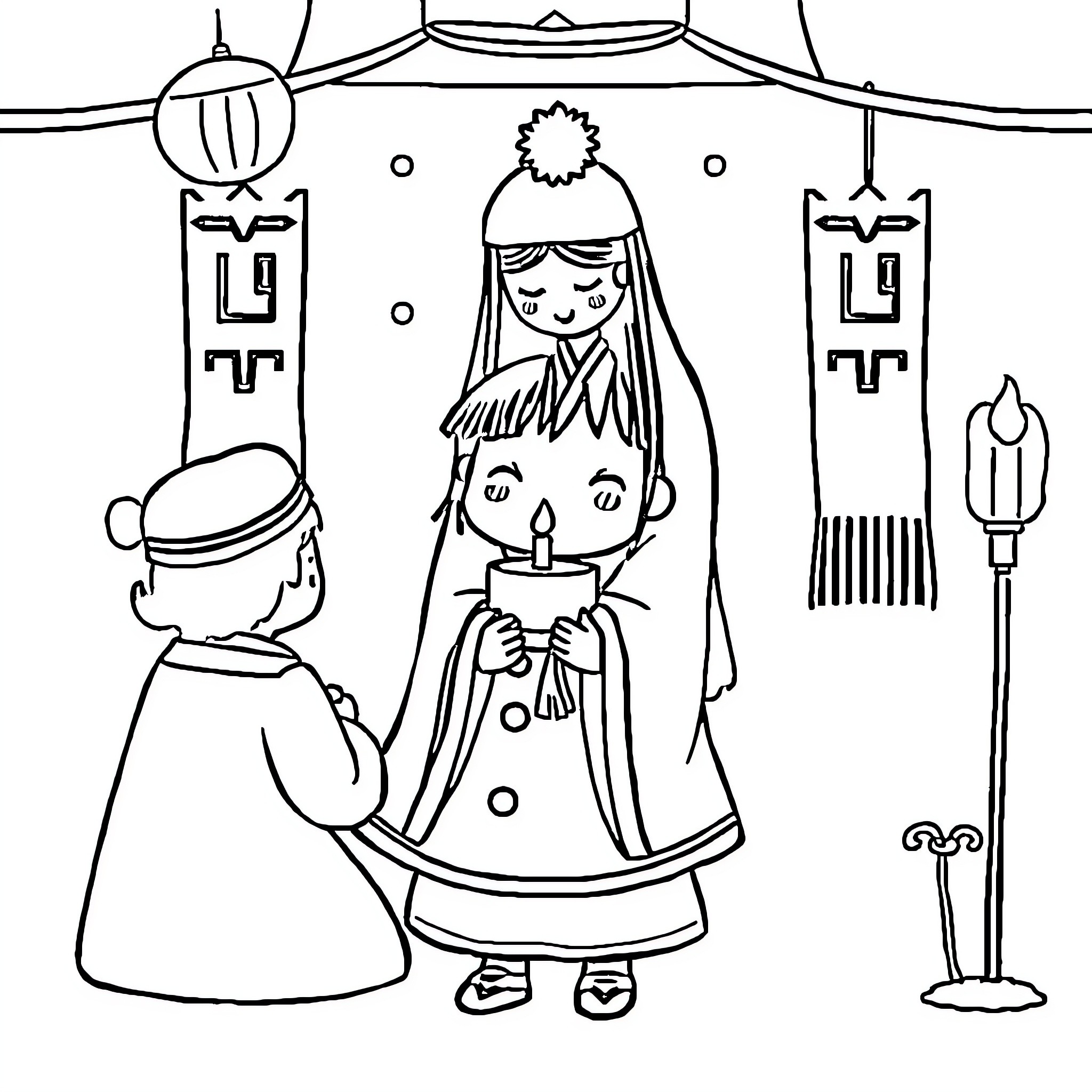 Dol festive celebration with traditional attire Coloring Page (free black-and-white line drawing printable PDF for all, from beginners to advanced learners, including children, teens, adults, and seniors)