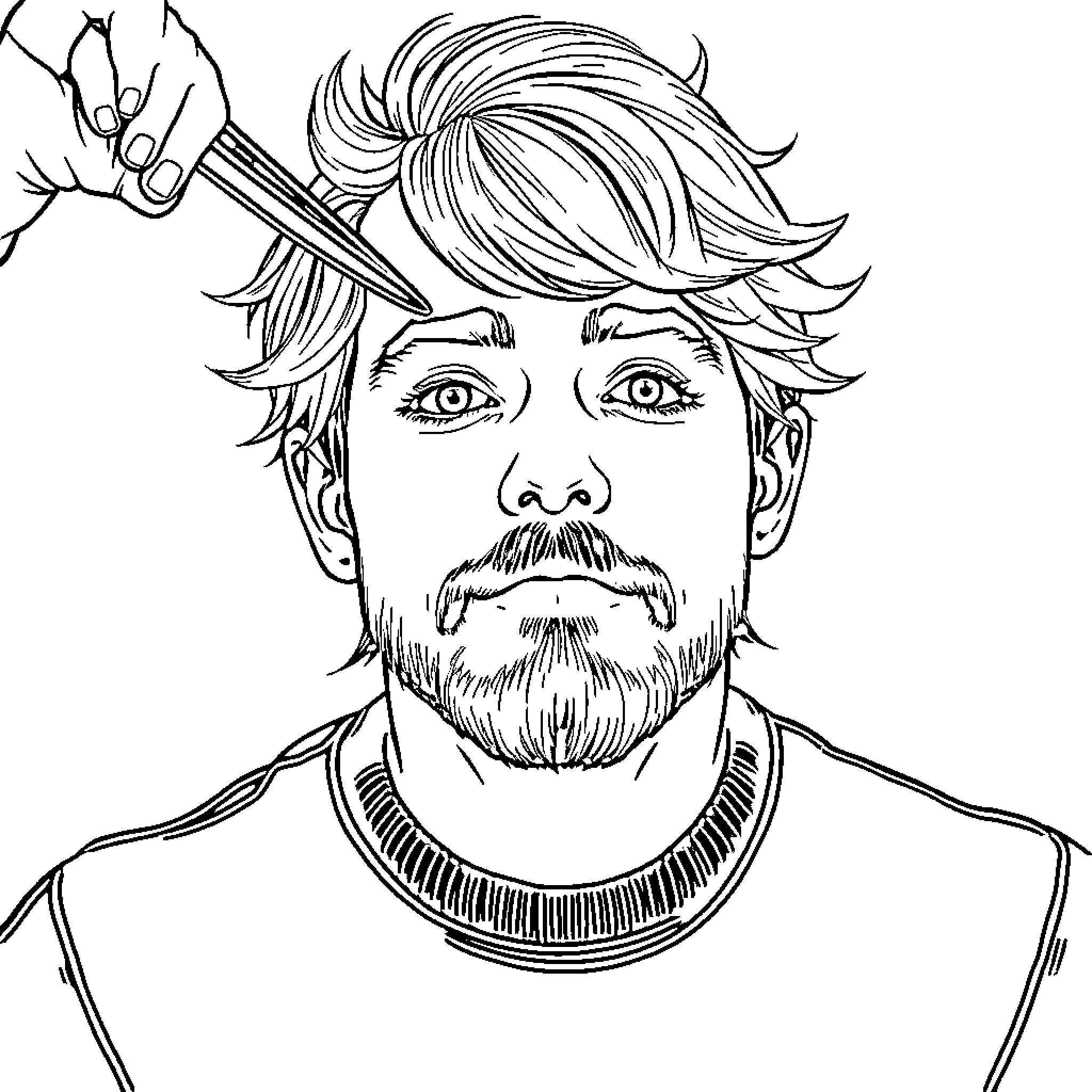 Scissors trimming man's hair and beard Coloring Page (free black-and-white line drawing printable PDF for all, from beginners to advanced learners, including children, teens, adults, and seniors)