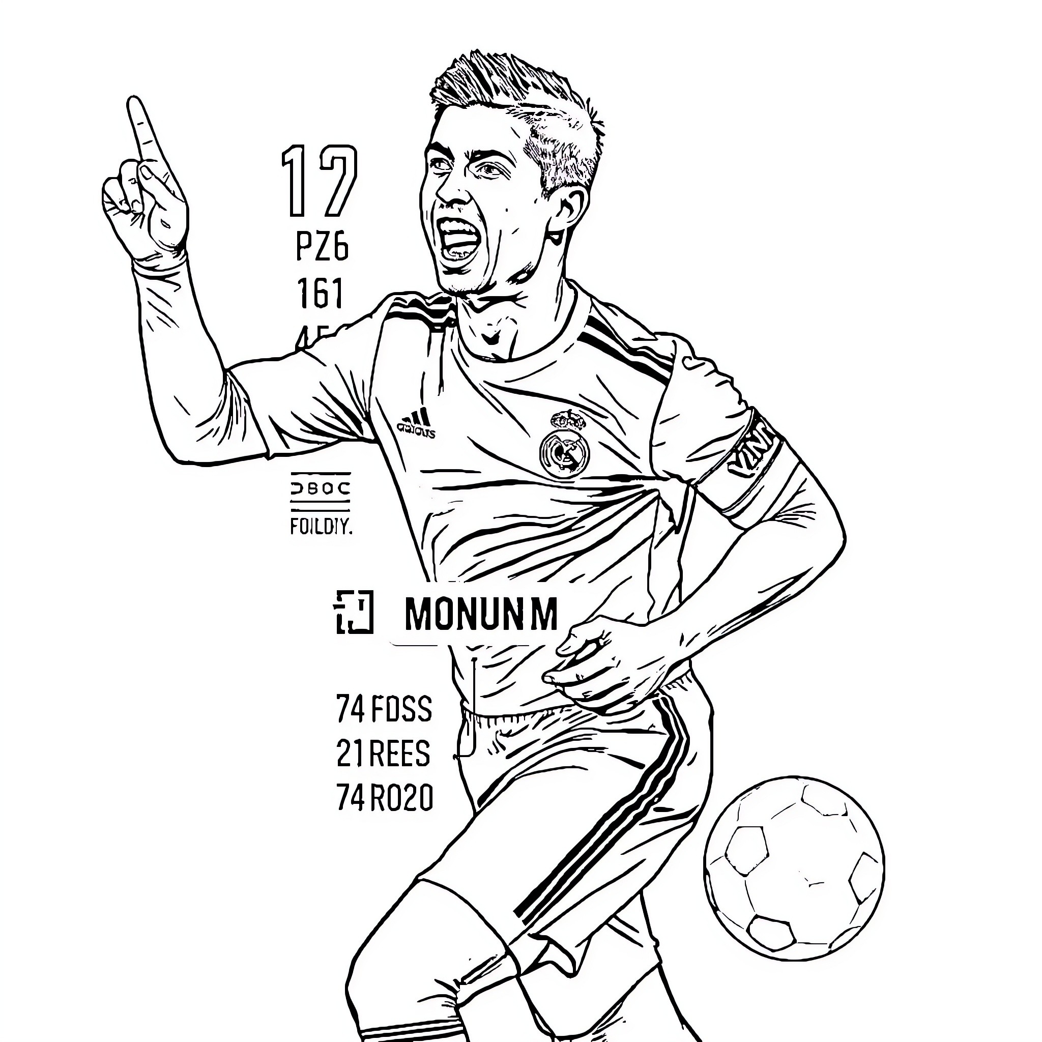 Cristiano Ronaldo celebrating a soccer goal Coloring Page (free black-and-white line drawing printable PDF for all, from beginners to advanced learners, including children, teens, adults, and seniors)