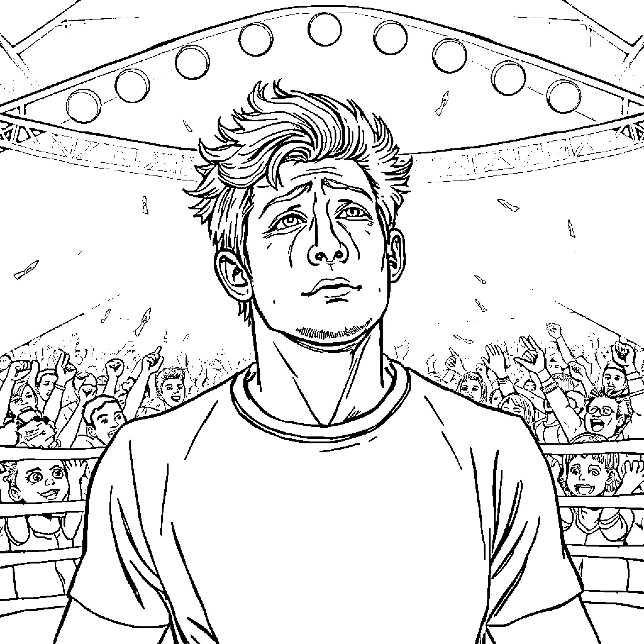 Logan Paul Performs on Stage in Front of Cheering Crowd Coloring Page (free black-and-white line drawing printable PDF for all, from beginners to advanced learners, including children, teens, adults, and seniors)