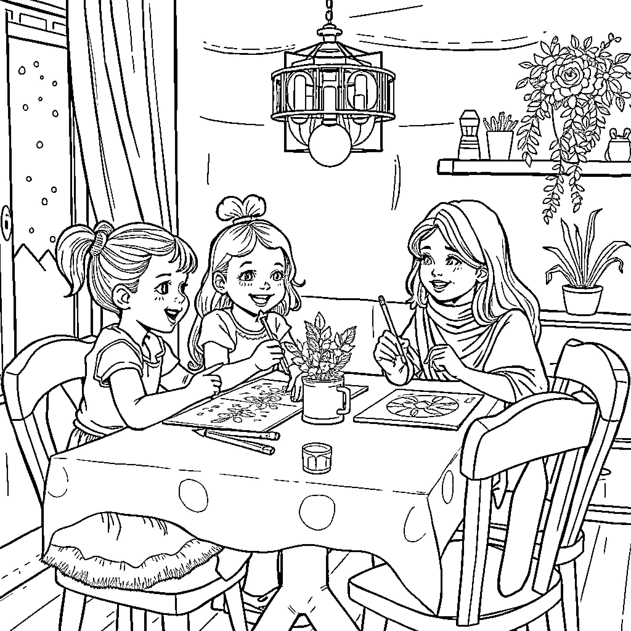 Nina's Family Enjoying Cozy Afternoon Together Coloring Page (free black-and-white line drawing printable PDF for all, from beginners to advanced learners, including children, teens, adults, and seniors)