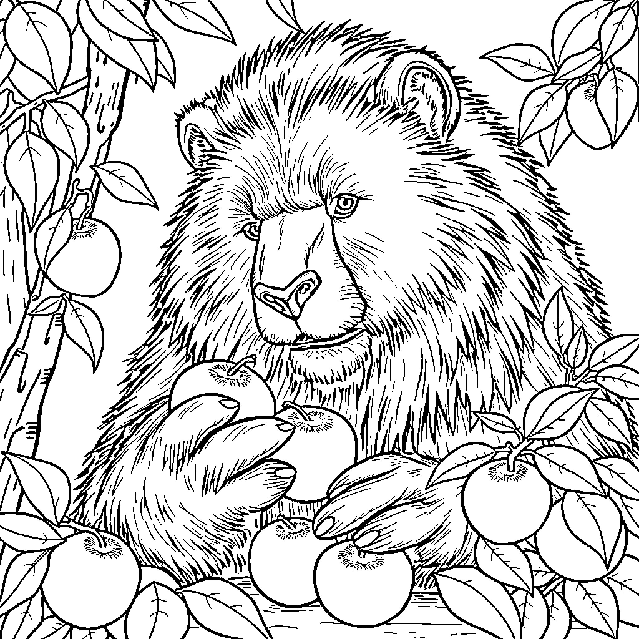 Bear eating apples in the orchard Coloring Page (free black-and-white line drawing printable PDF for all, from beginners to advanced learners, including children, teens, adults, and seniors)