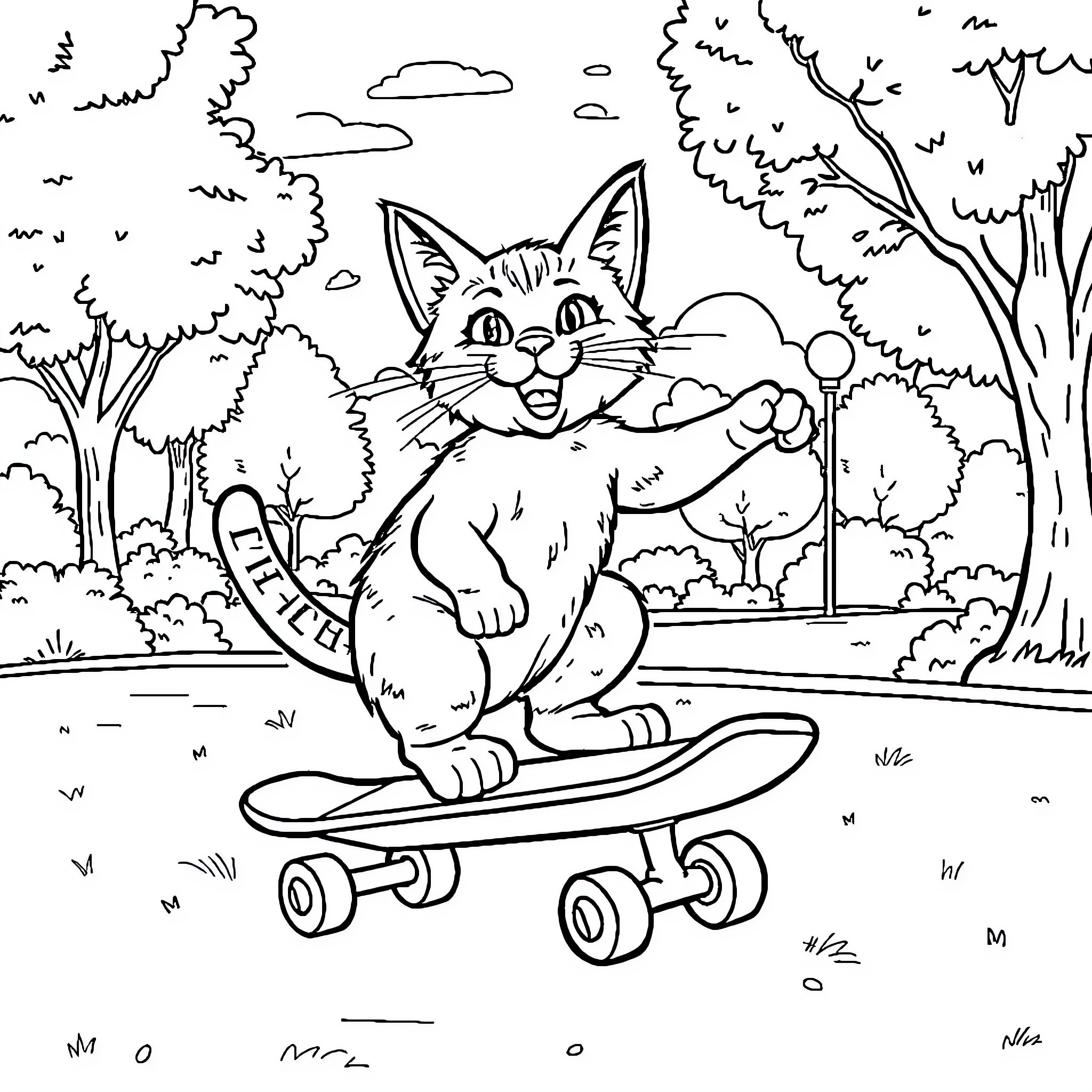 Cat riding a skateboard in the forest Coloring Page (free black-and-white line drawing printable PDF for all, from beginners to advanced learners, including children, teens, adults, and seniors)