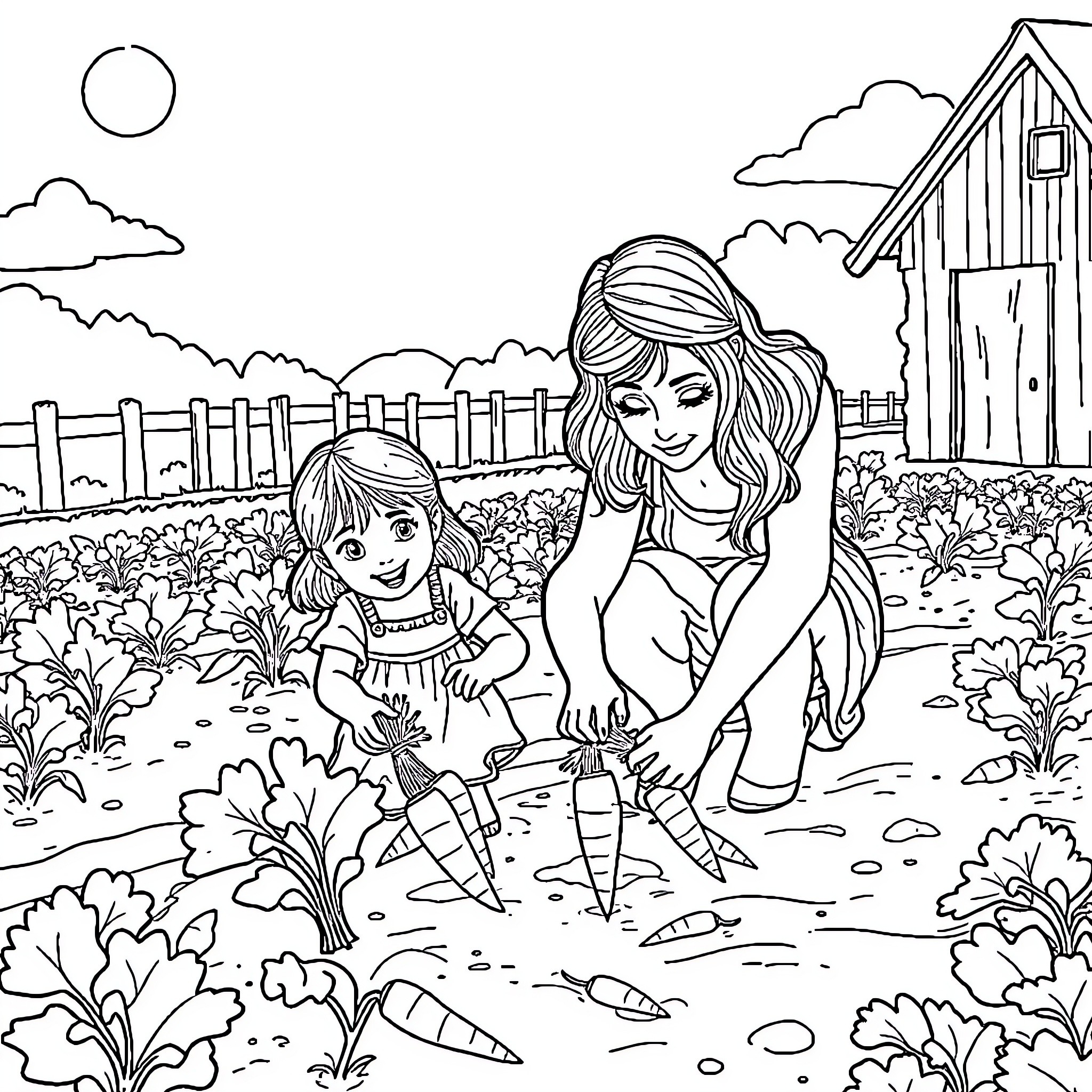 Mom and daughter planting vegetables in the garden Coloring Page (free black-and-white line drawing printable PDF for all, from beginners to advanced learners, including children, teens, adults, and seniors)