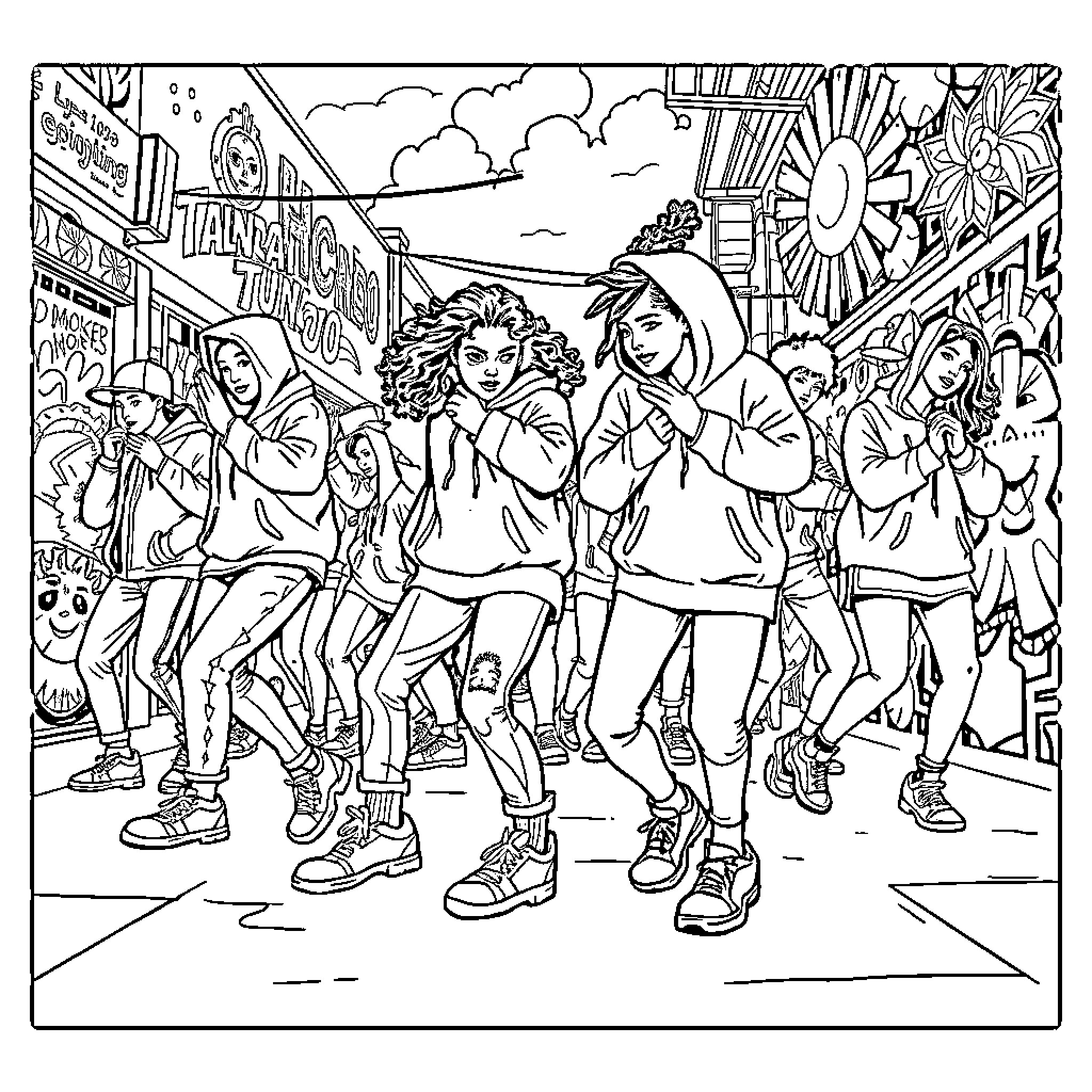 Dancers performing on the city street Coloring Page (free black-and-white line drawing printable PDF for all, from beginners to advanced learners, including children, teens, adults, and seniors)