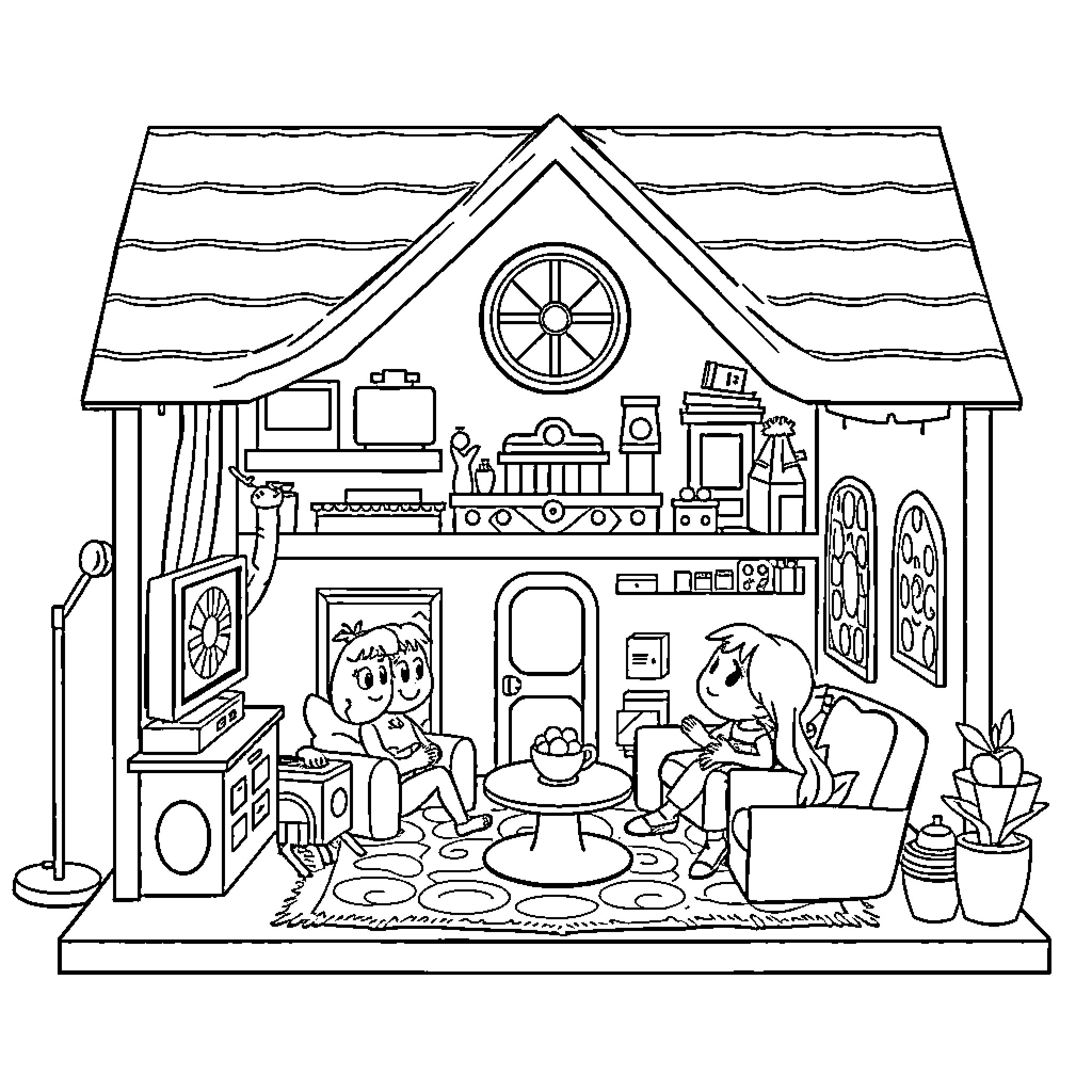 Gabby Dollhouse: Characters enjoying cozy home scenes Coloring Page (free black-and-white line drawing printable PDF for all, from beginners to advanced learners, including children, teens, adults, and seniors)
