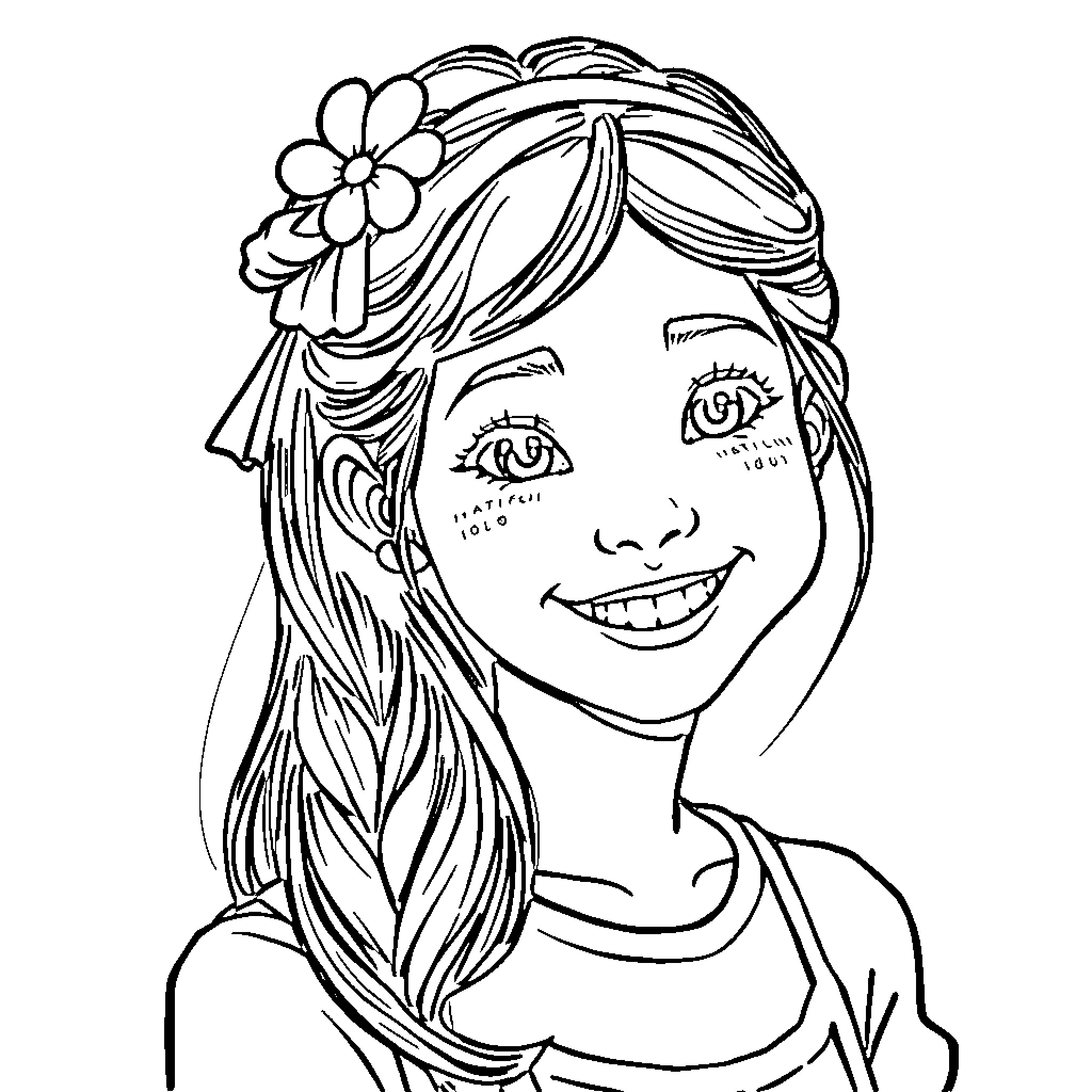 Antonella's Playful Smile and Floral Adornment Coloring Page (free black-and-white line drawing printable PDF for all, from beginners to advanced learners, including children, teens, adults, and seniors)