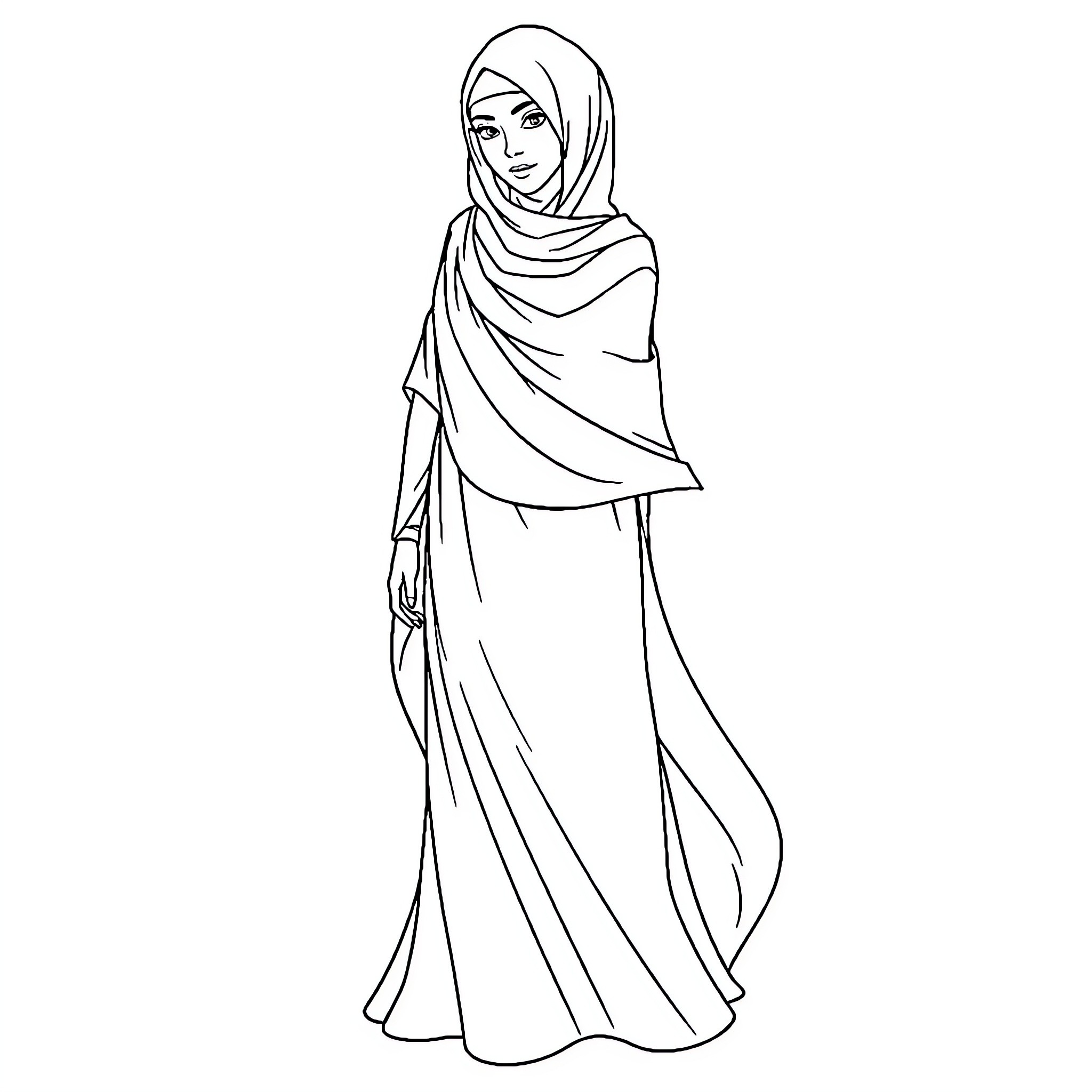 Abaya-clad figure in modest pose Coloring Page (free black-and-white line drawing printable PDF for all, from beginners to advanced learners, including children, teens, adults, and seniors)