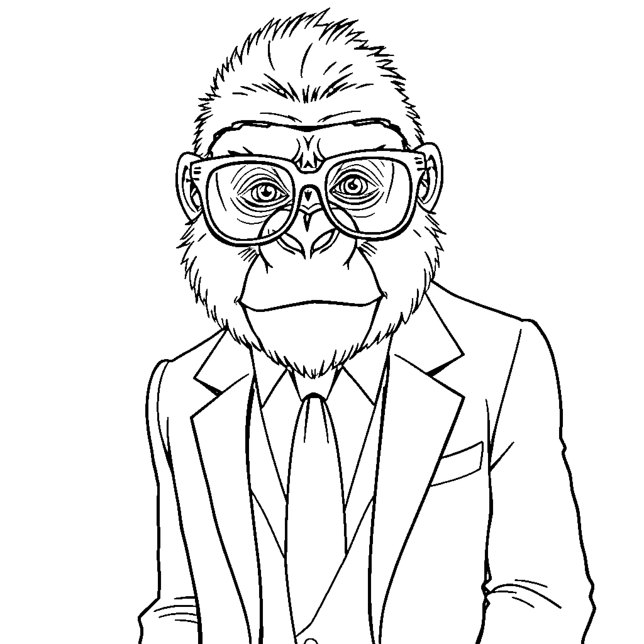 Gorilla in formal attire and eyeglasses Coloring Page (free black-and-white line drawing printable PDF for all, from beginners to advanced learners, including children, teens, adults, and seniors)