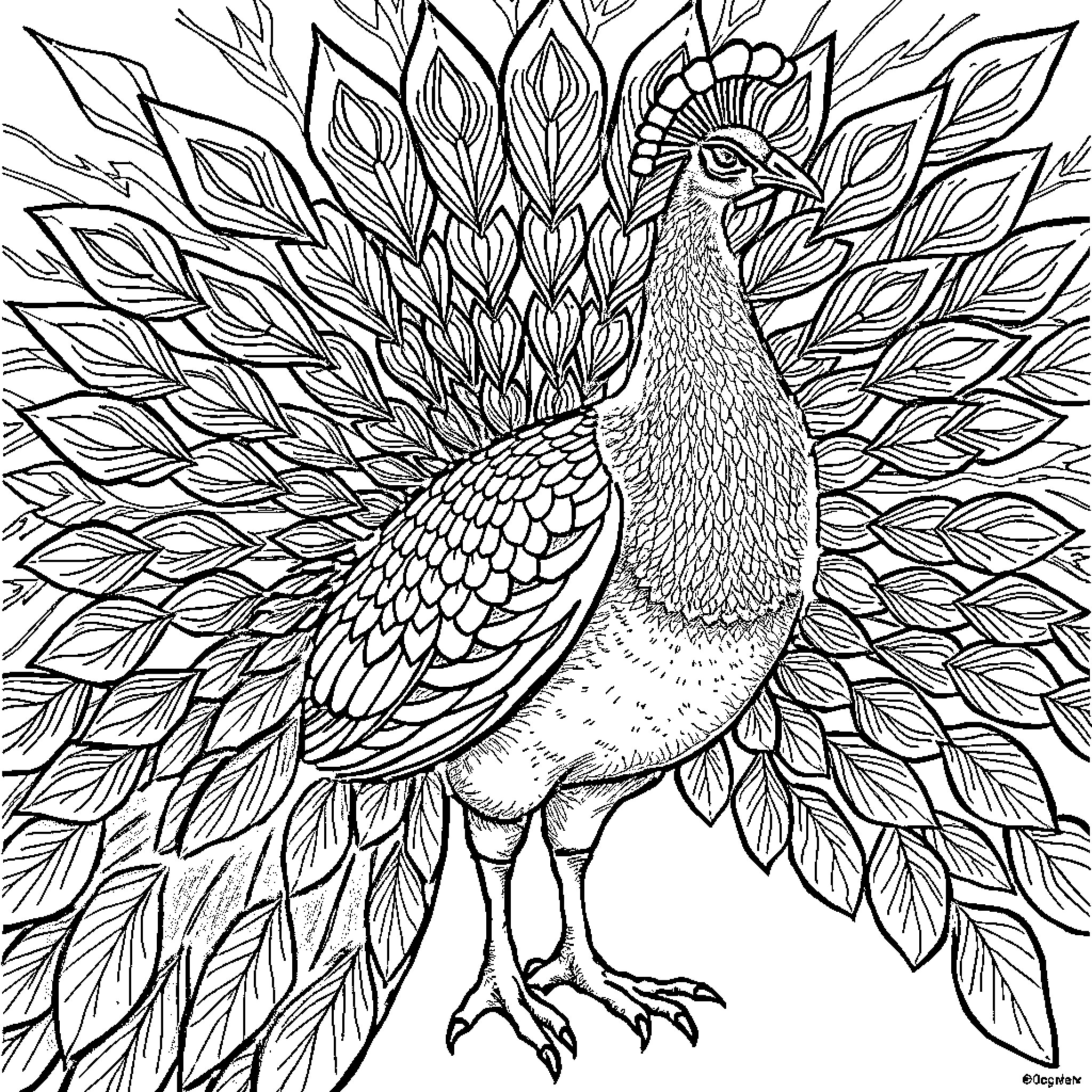 Peacock displaying its elegant feathers Coloring Page (free black-and-white line drawing printable PDF for all, from beginners to advanced learners, including children, teens, adults, and seniors)