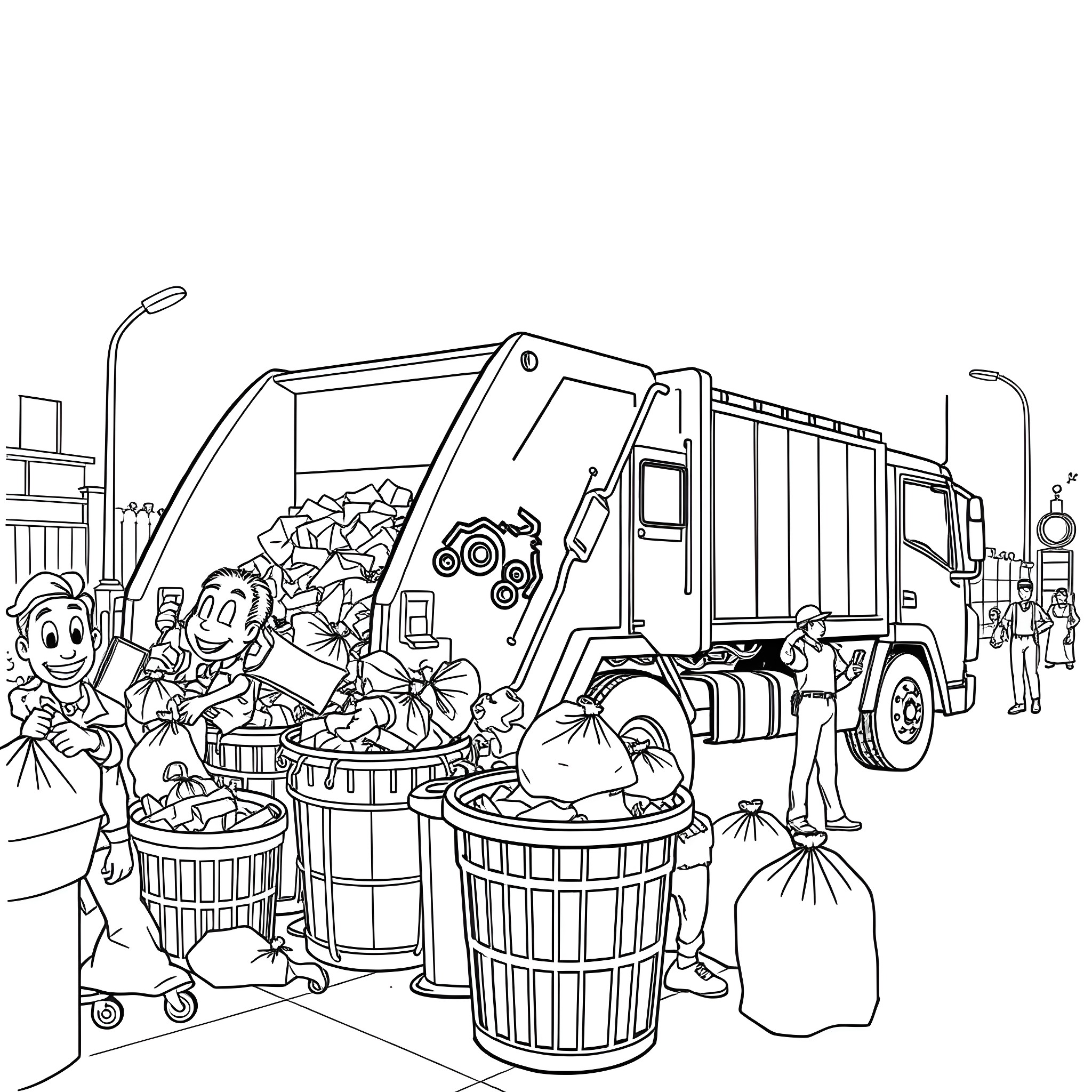 Dump Truck Collecting Garbage from Overflowing Bins Coloring Page (free black-and-white line drawing printable PDF for all, from beginners to advanced learners, including children, teens, adults, and seniors)