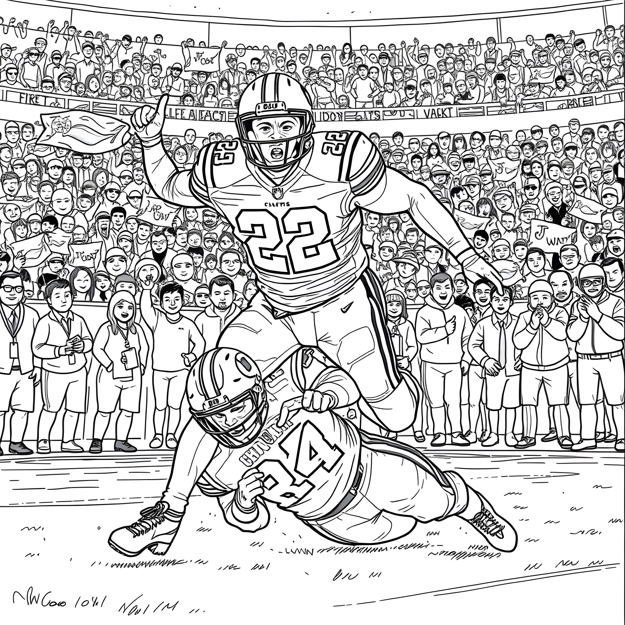 Nick Chubb triumphantly tackles opponent on the football field Coloring Page (free black-and-white line drawing printable PDF for all, from beginners to advanced learners, including children, teens, adults, and seniors)